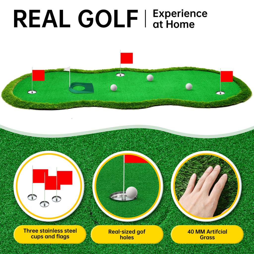 Nice C 5x10 ft Putting Green Mat – Indoor &amp; Outdoor Golf Simulator with 3 Holes, Flags &amp; Challenge Cup 