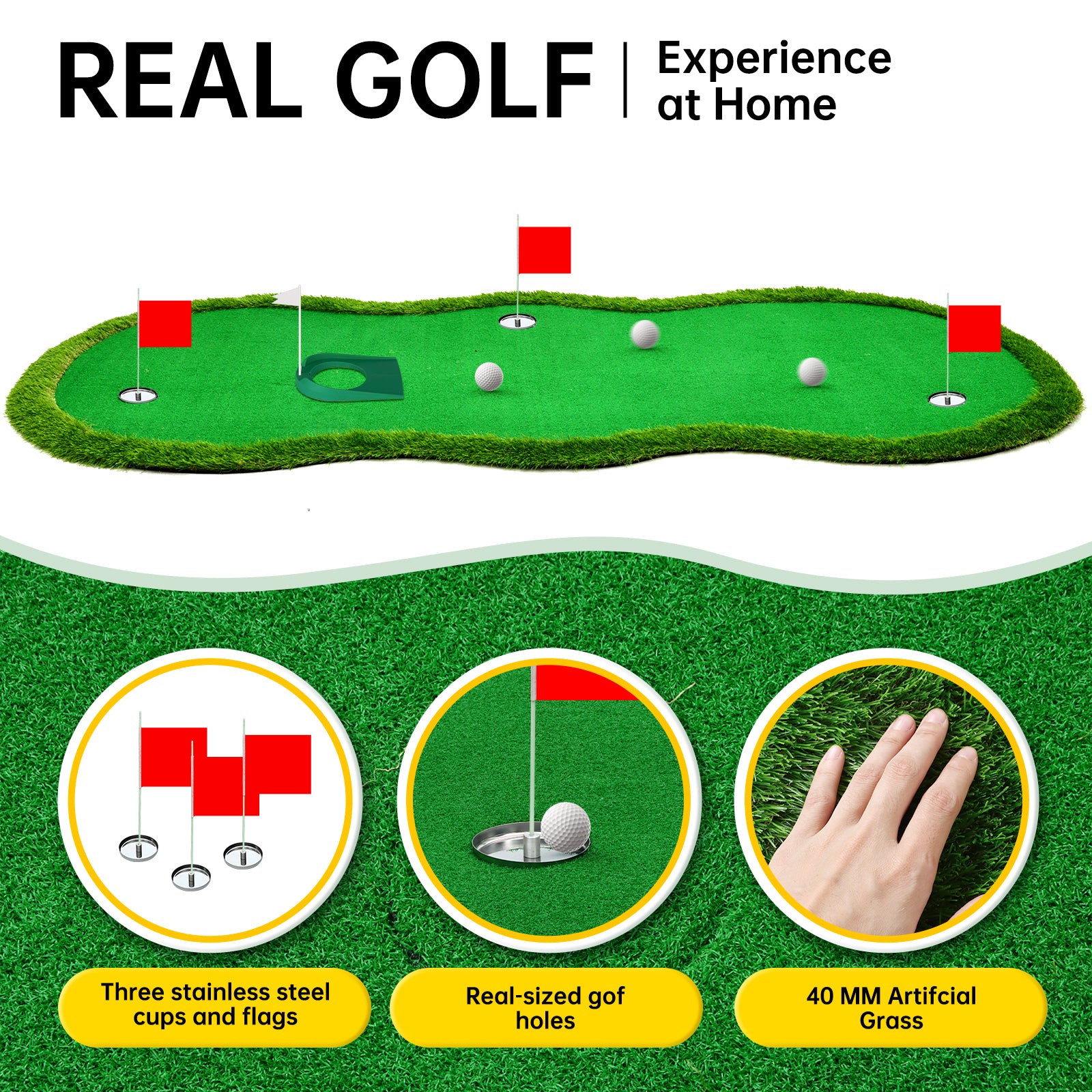 Nice C 5x10 ft Putting Green Mat – Indoor &amp; Outdoor Golf Simulator with 3 Holes, Flags &amp; Challenge Cup 