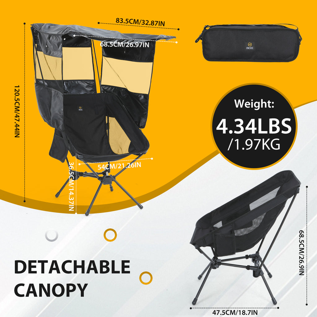 Nice C Camping Chair with Canopy, Ultralight Chair with Shade (1 Pack/2 Pack) | Compact Backpack Folding Chair, Portable Fishing Chair, Travel, Picnic, Festival, Hiking, Sports, Outdoor