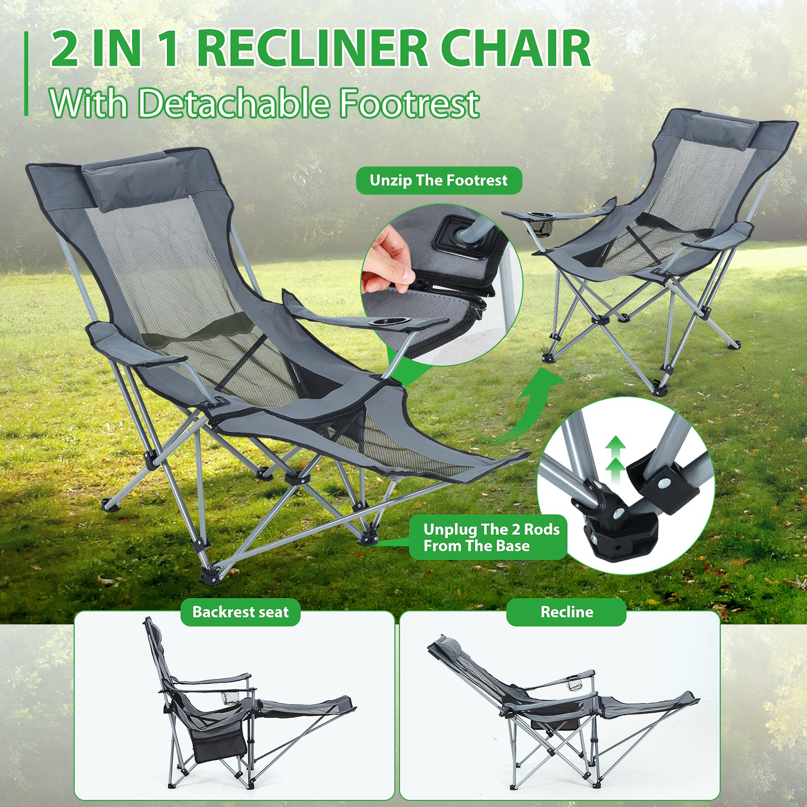 Nice C Adjustable Camping Recliner Chair with Footrest, Headrest &amp; Cup Holder 