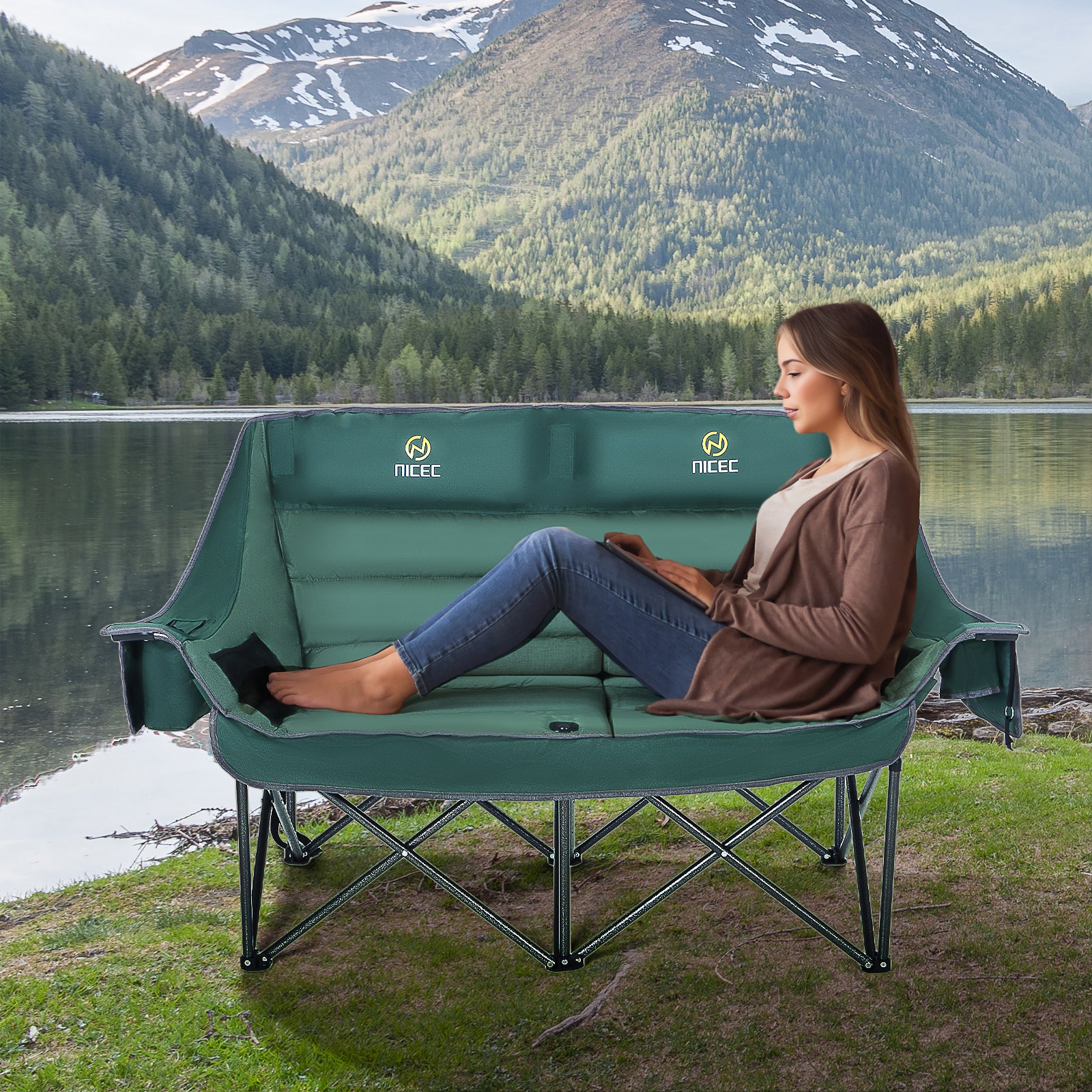 Nice C Oversized Loveseat Camping Chair for Adults, Extra Padded with Cooler &amp; Cup Holder 