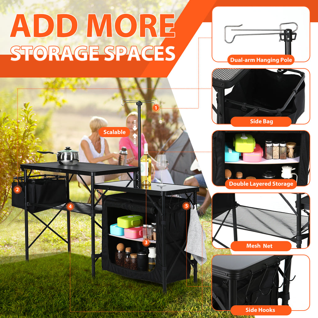 Nice C Camping Kitchen Table, Portable Folding Camp Cook Station (Black) | Grill Table for Blackstone Griddles, Storage Organizer, Light Pole, Outdoor, Picnic, Beach, RV Traveling
