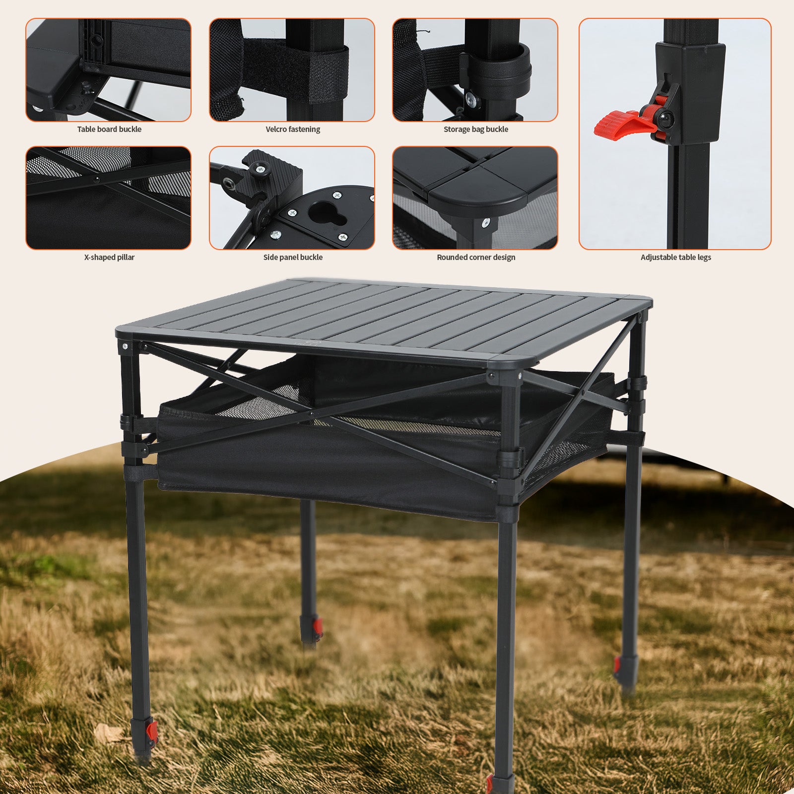 Nice C Adjustable Square Table, Folding Camping Table, Roll-up Tabletop, Lightweight, with Carry Bag, for Outdoor, Camping, Picnic, backyards, BBQ (Medium)