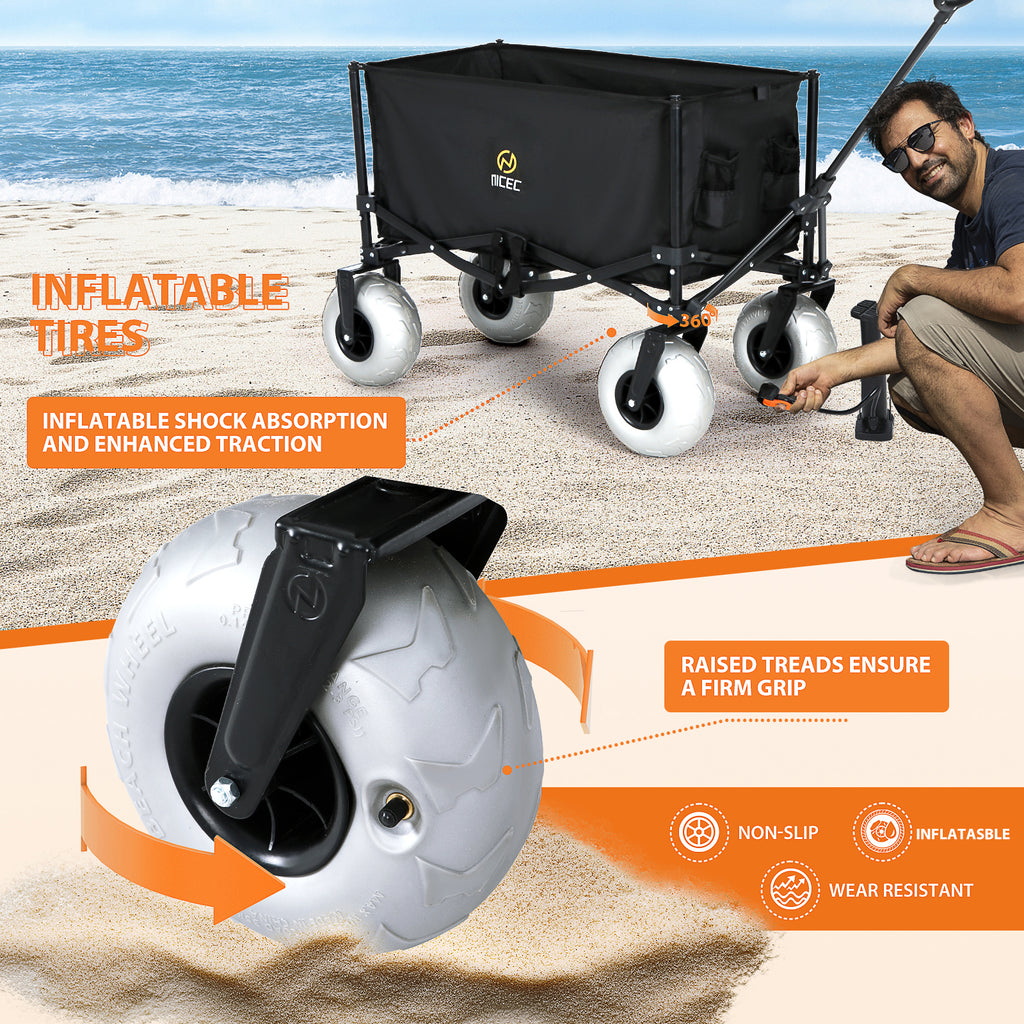 Nice C Beach Cart with Balloon Wheels, Heavy-Duty Folding Wagon for Sand, Adjustable Handle, Collapsible Utility Cart, 220 lbs Capacity