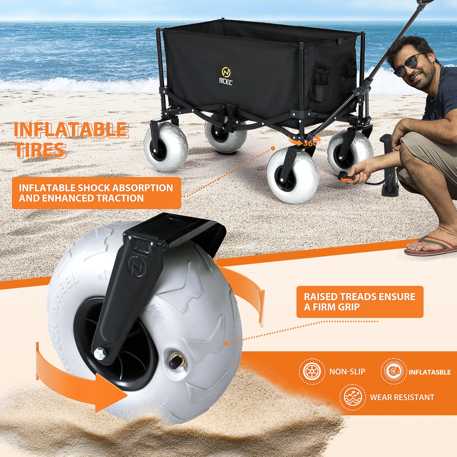 Nice C Beach Cart with Balloon Wheels, Heavy-Duty Folding Wagon for Sand, Adjustable Handle, Collapsible Utility Cart, 220 lbs Capacity