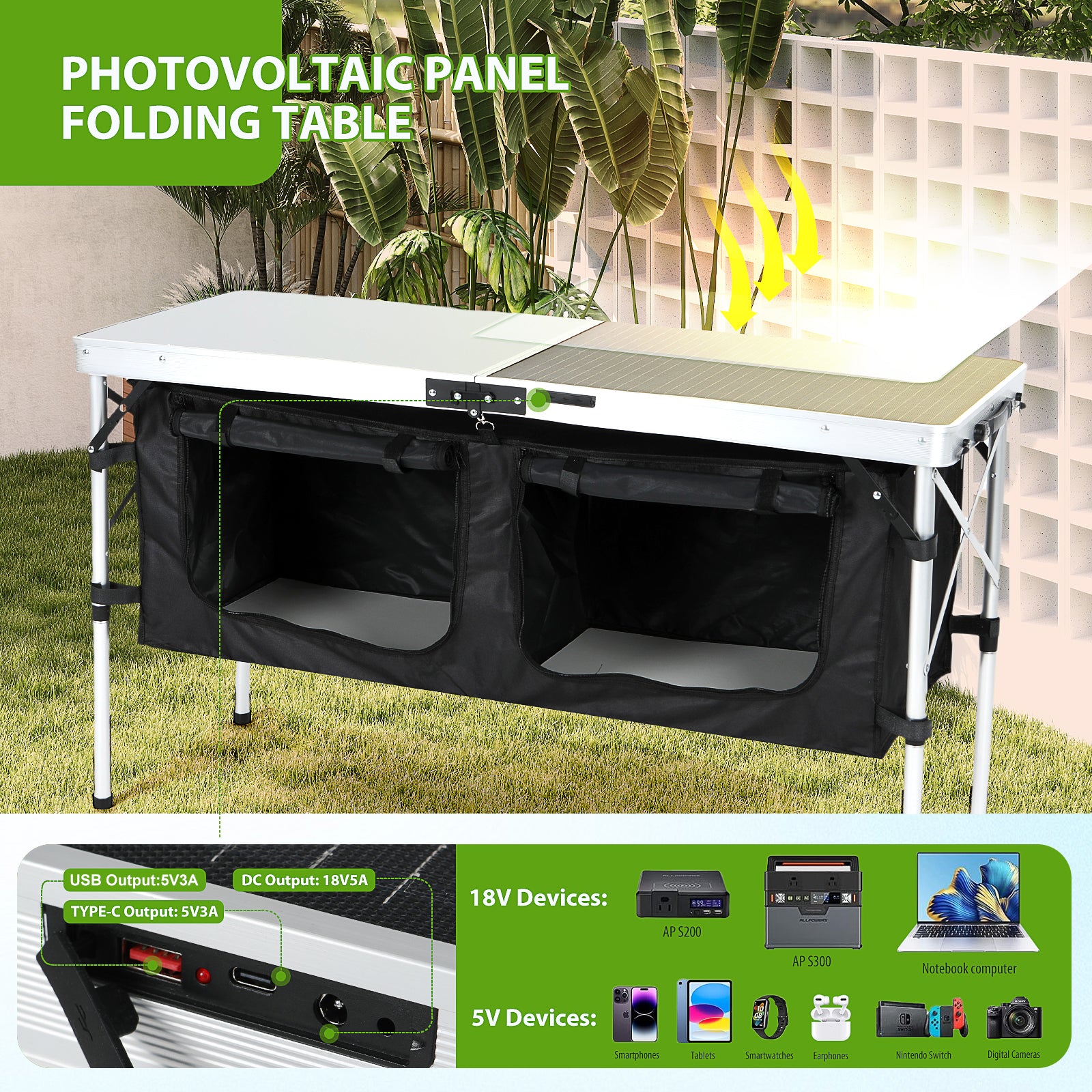 Nice C 45W Solar Folding Camping Table with Storage, USB/Type-C/DC Output, Outdoor Picnic &amp; BBQ