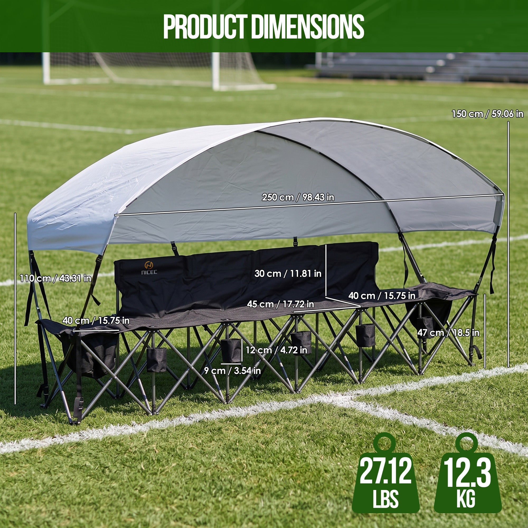 Nice C 4/6/8 Seat Folding Team Bench with Canopy & Cooler (Black) | Sun Shade, Portable Soccer Bench, Canopy Chair, Cup Holders, Cooler Bag, Soccer, Football, Basketball, Camping, Events
