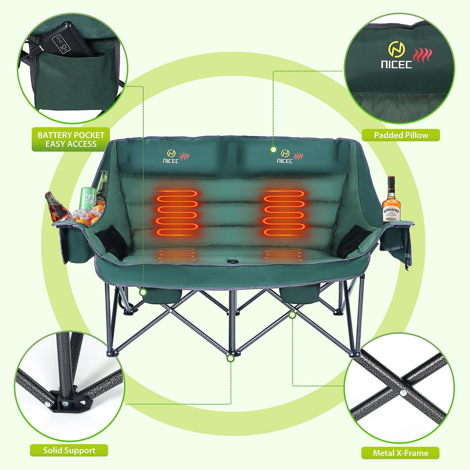 Nice C Padded Heated Loveseat Camping Chair for Adults, with Power Bank &amp; Bottle Opener 