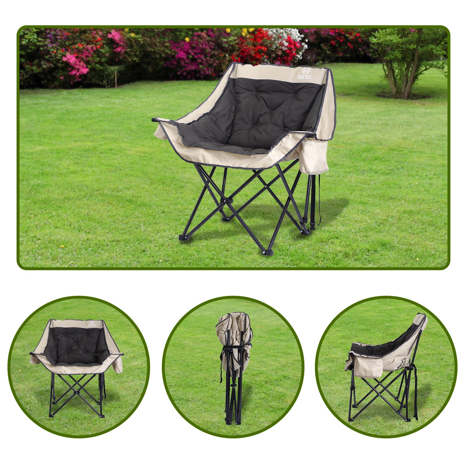 Nice C Heavy-Duty Folding Camping Chair, Thick Padded Seat with Storage &amp; Cup Holder 