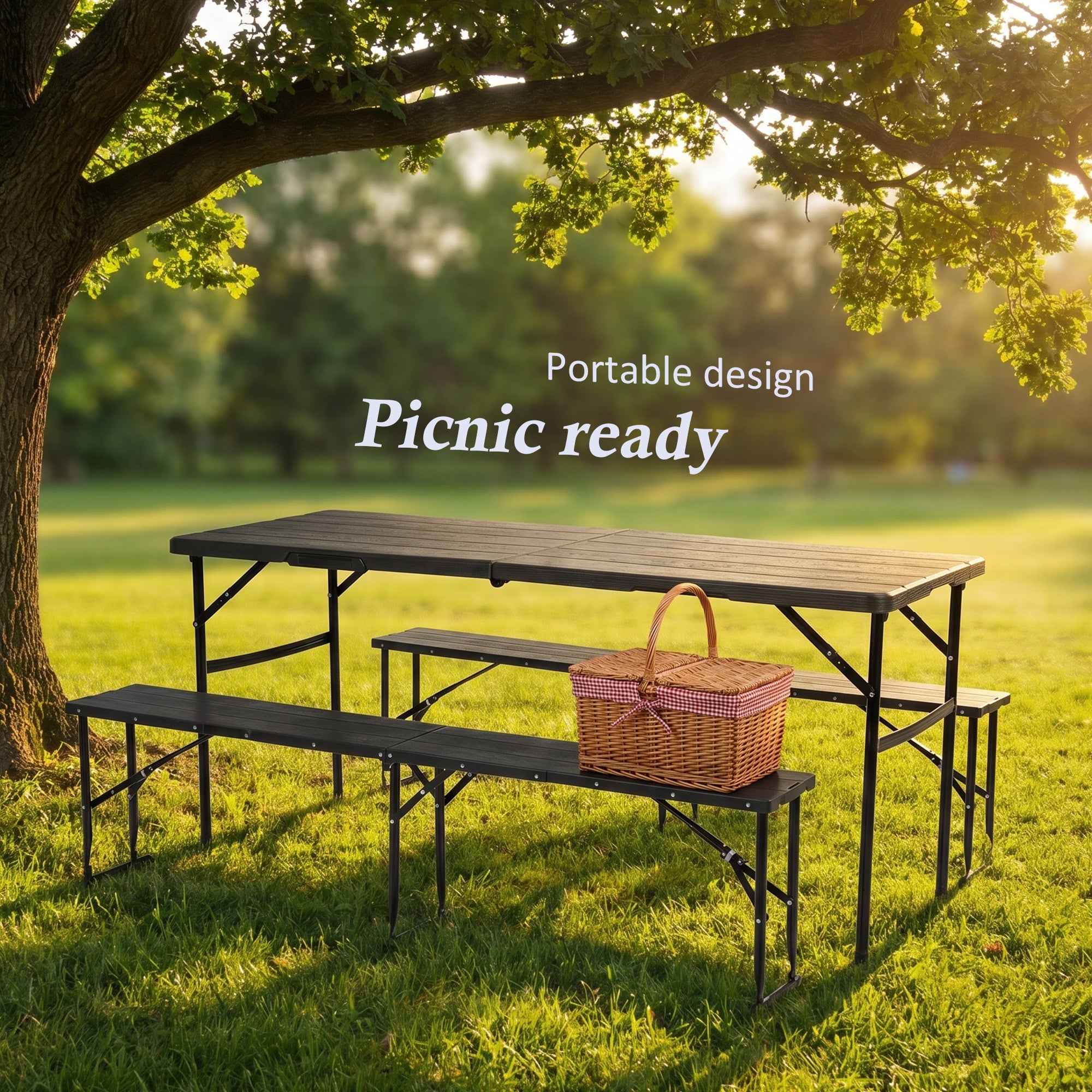 Nice C 6FT Folding Portable Picnic Table Set with 2 Benches (3 PC Black/White) | Plastic Table & Bench Set, Table With Chairs, Wood Grain Surface, Foldable, Indoor, Outdoor, Camping, Patio, Backyard, Picnic