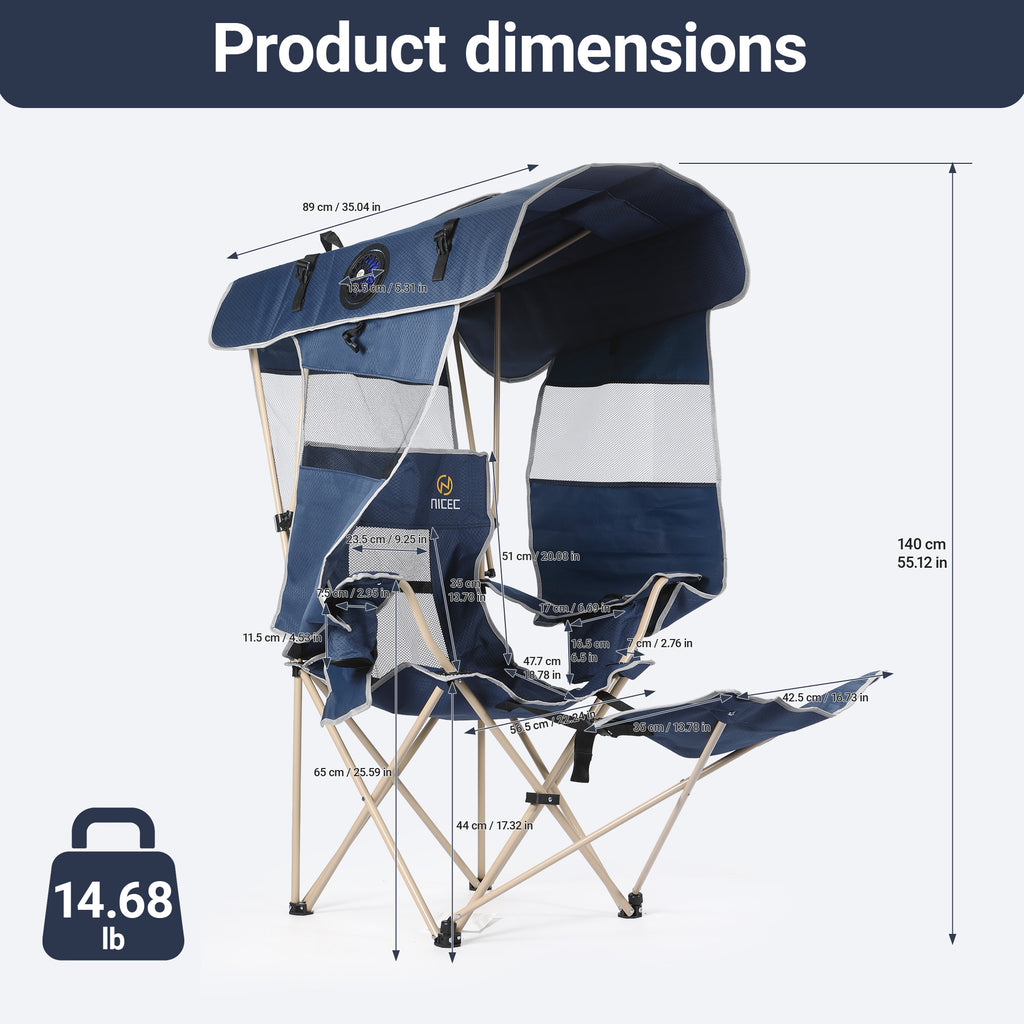 Nice C Canopy Camping Chair with Fan, Folding Umbrella Chair (1 Pack/2 Pack, Blue) | Oversized Chair, USB Powered Cooling Chair, Canopy, Footrest, Side Shade, Outdoor, Camping, Sports, Beach