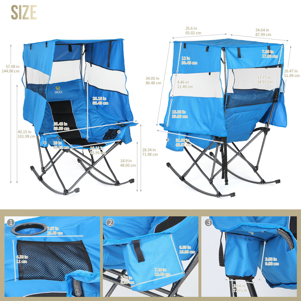 Nice C XL Rocking Camping Chair with Canopy, Folding Rocker (1 Pack/2Pack) | Oversized Outdoor Chair, Umbrella Chair, With Shade, Cup Holder, Cooler Bag, Carry Bag, Sports, Patio, Backyard