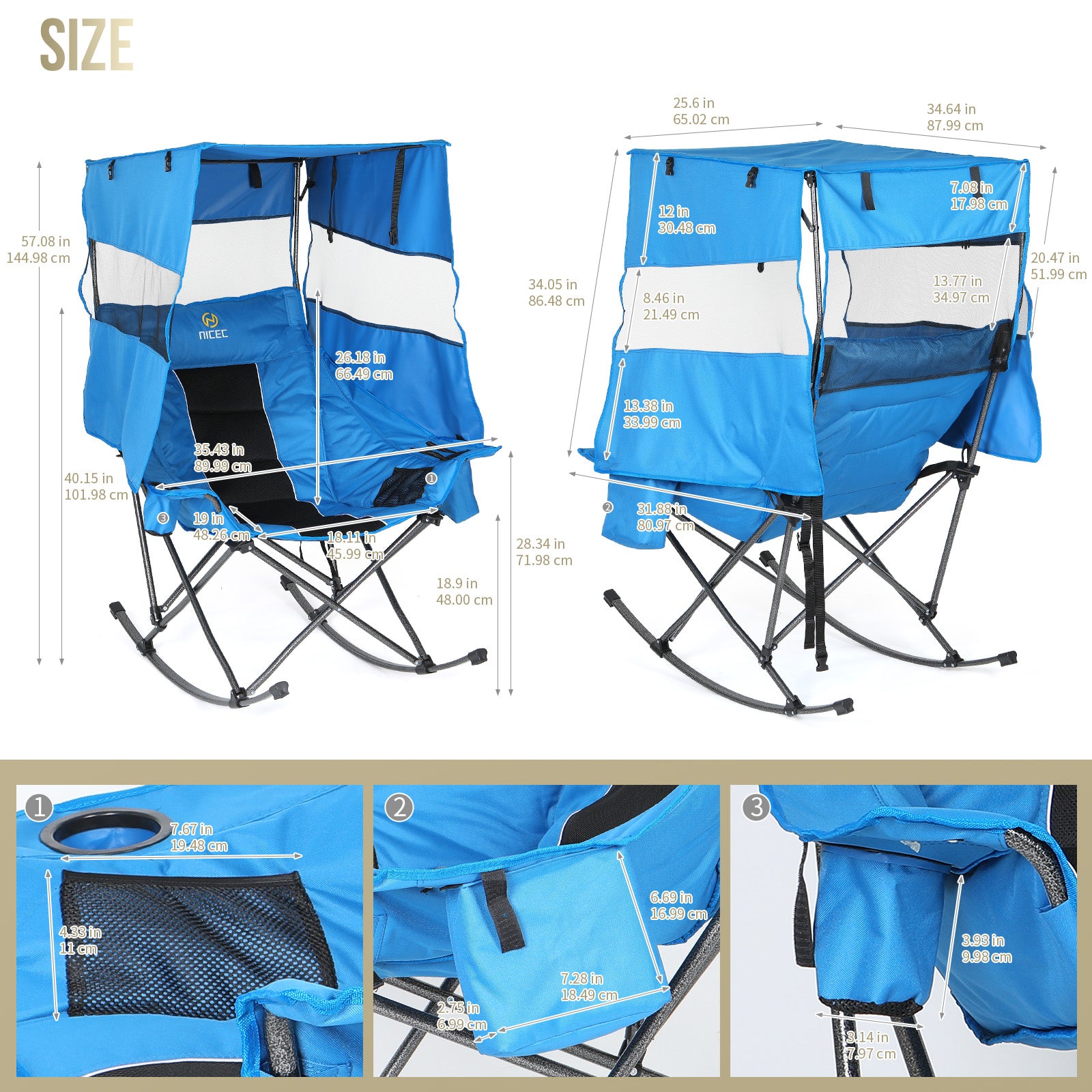 Nice C XL Rocking Camping Chair with Canopy, Folding Rocker (1 Pack/2Pack) | Oversized Outdoor Chair, Umbrella Chair, With Shade, Cup Holder, Cooler Bag, Carry Bag, Sports, Patio, Backyard