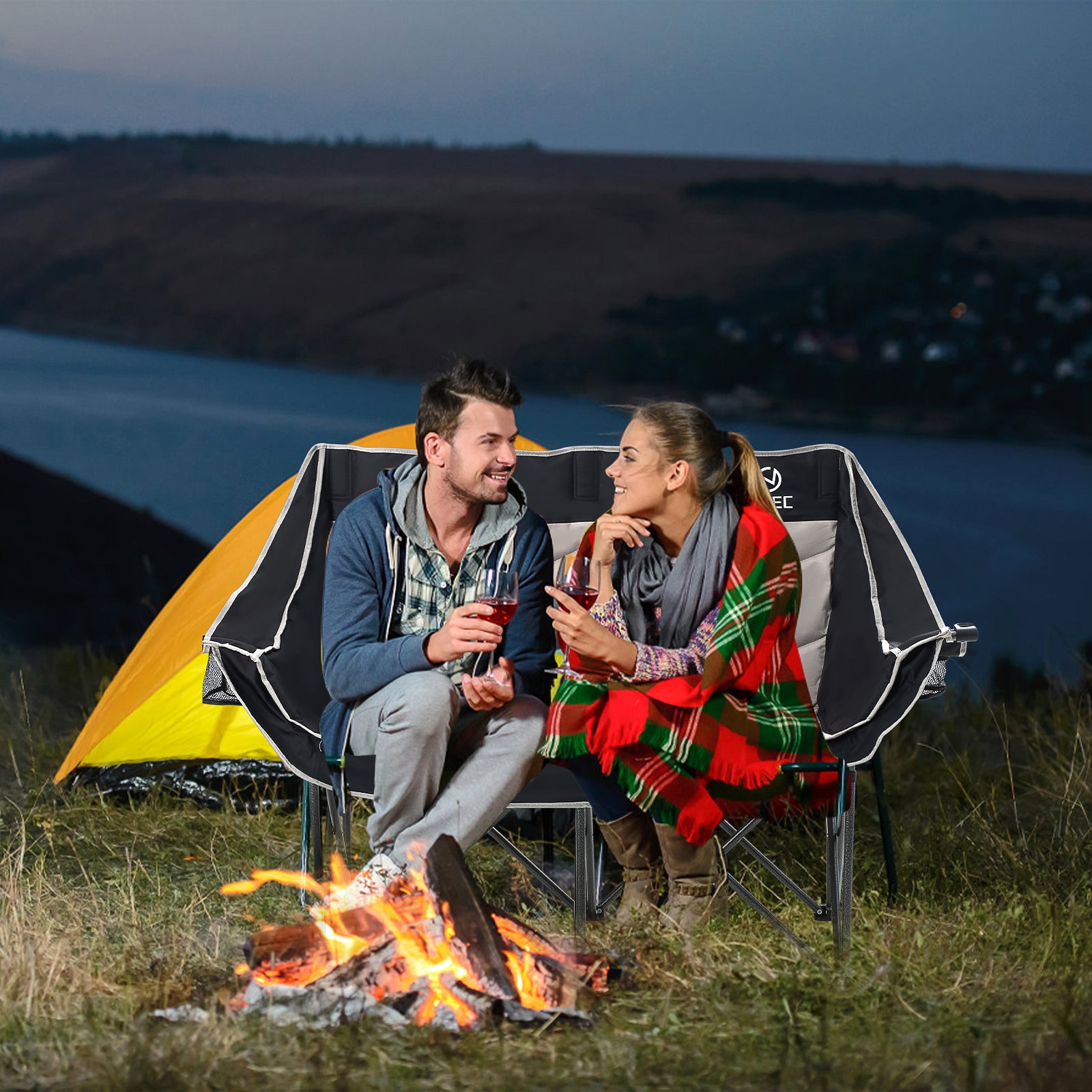 Black &amp; Gray Nice C Oversized Padded Camping Loveseat, Folding Chair with Cooler &amp; Cup Holder 