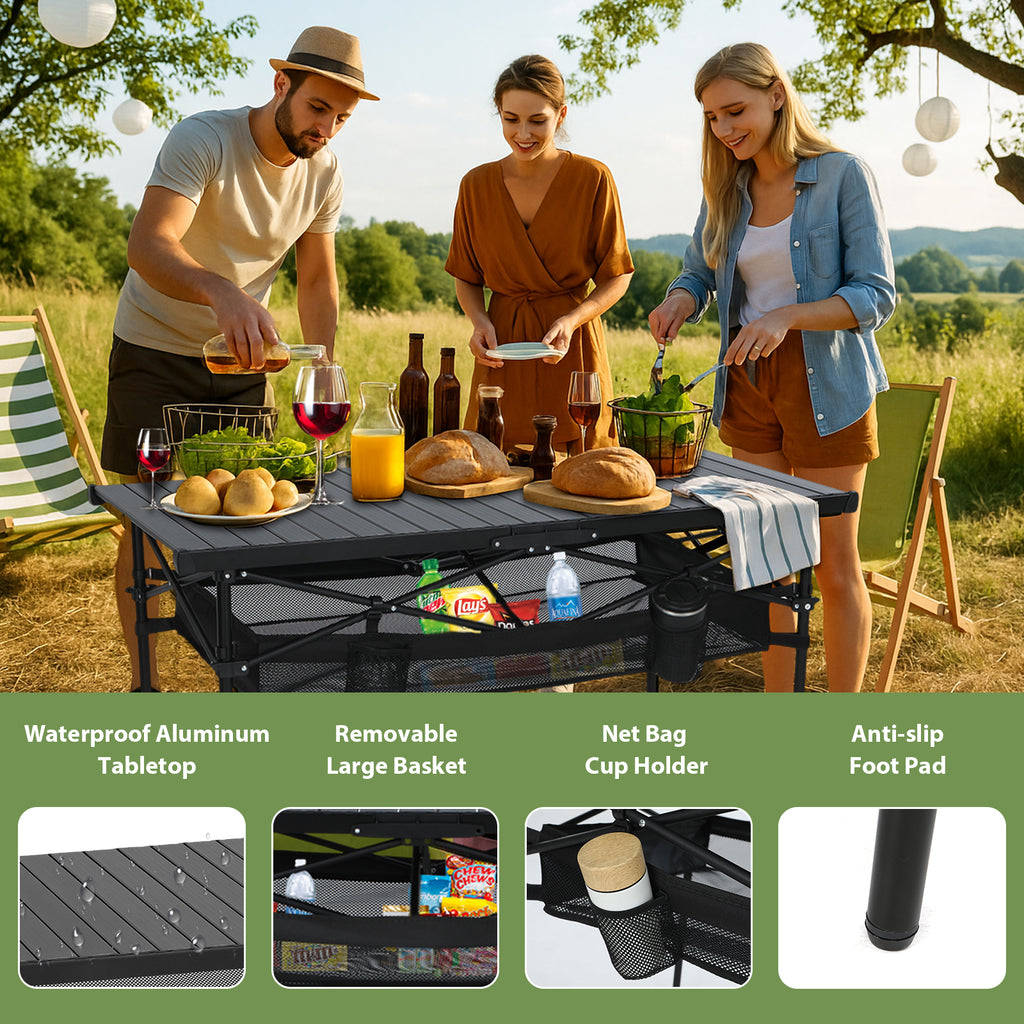 Nice C Portable Folding Camping Table – Lightweight Aluminum with Mesh Net & Cup Holder (Black)