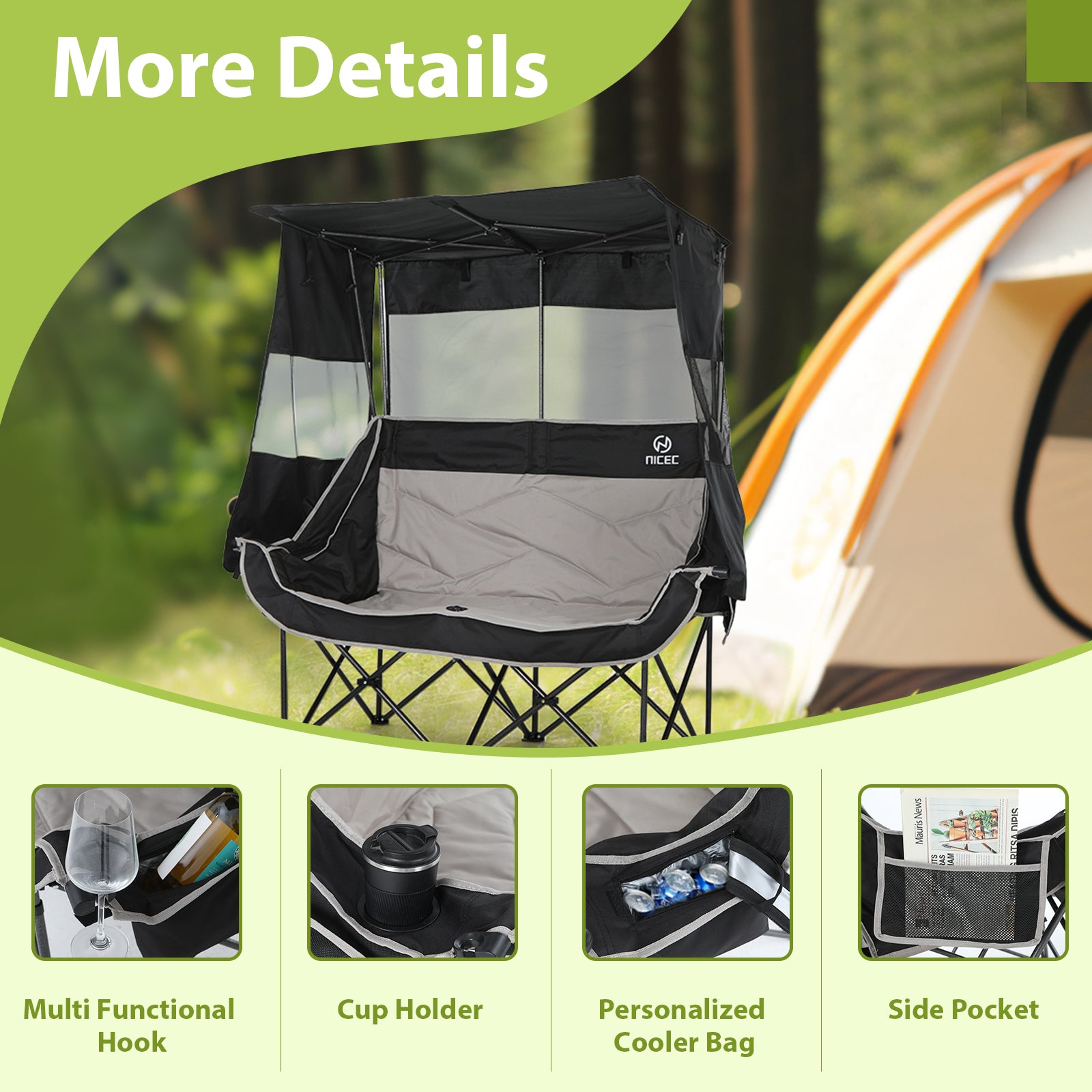 Nice C Double Loveseat Camping Chair with Sun Shade – Portable Folding Outdoor Chair with Cooler, Cup Holders &amp; Storage Pockets for Picnic, Lawn, Sports, Beach 