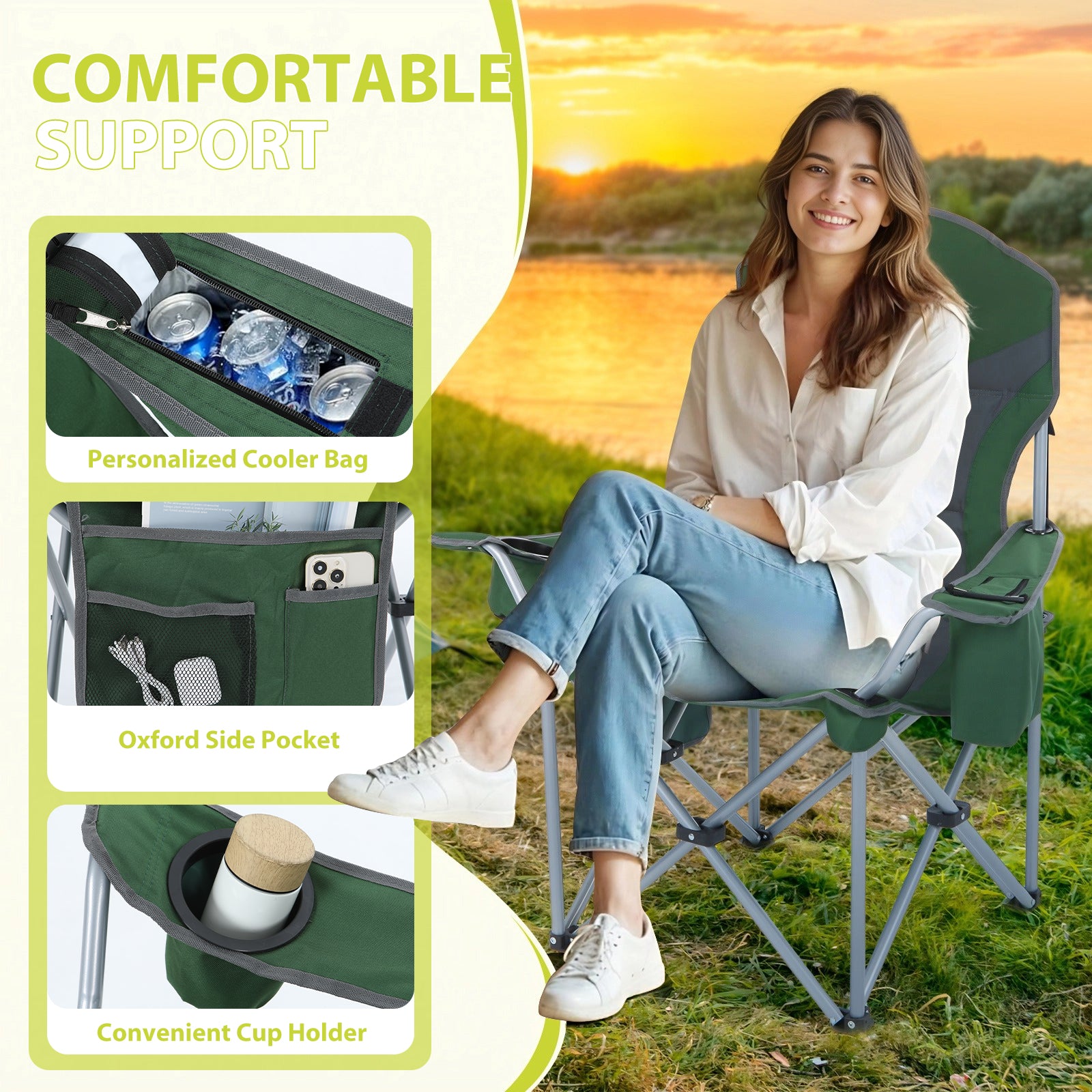 Nice C Portable Camping Chair with Armrest, Cooler Bag, Cup Holder &amp; Side Pocket 