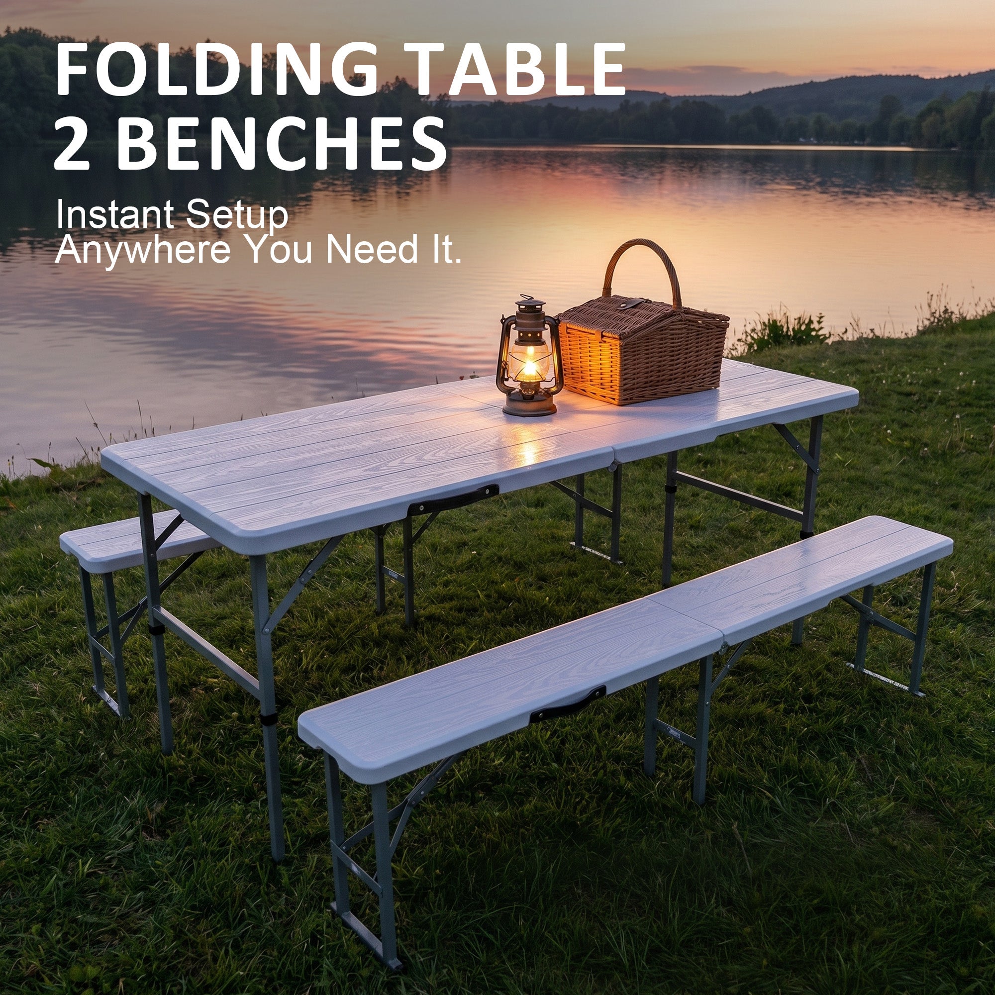 Nice C 6FT Folding Portable Picnic Table Set with 2 Benches (3 PC Black/White) | Plastic Table & Bench Set, Table With Chairs, Wood Grain Surface, Foldable, Indoor, Outdoor, Camping, Patio, Backyard, Picnic