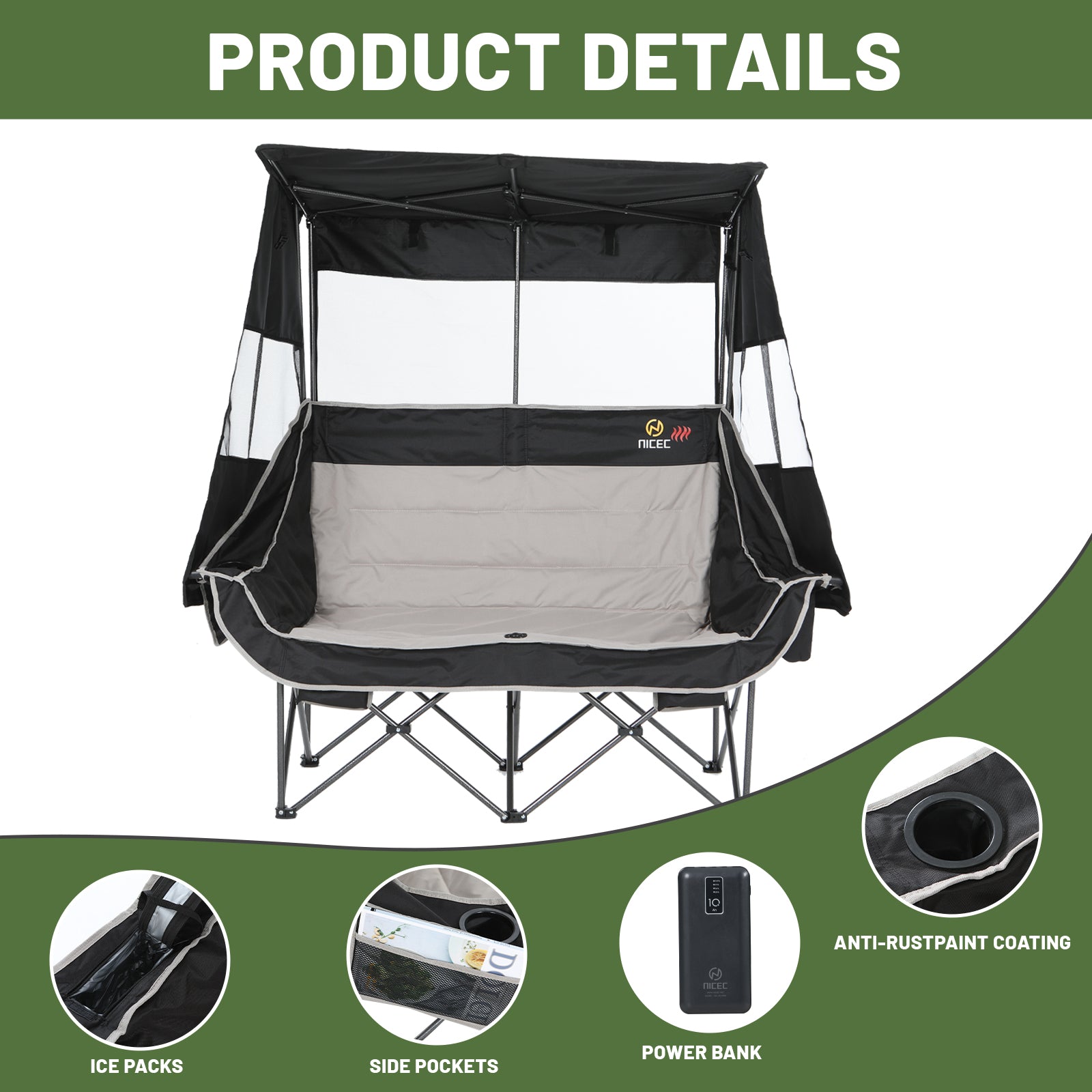 Nice C Double Heated Camping Loveseat – Folding Chair with Canopy, Battery, Cup Holder &amp; Cooler 