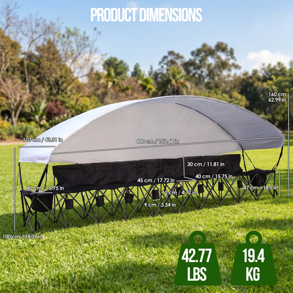 Nice C 4/6/8 Seat Folding Team Bench with Canopy & Cooler (Black) | Sun Shade, Portable Soccer Bench, Canopy Chair, Cup Holders, Cooler Bag, Soccer, Football, Basketball, Camping, Events