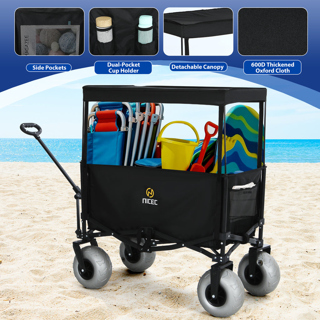 Nice C Beach Cart with Balloon Wheels, Heavy-Duty Folding Wagon for Sand, Adjustable Handle, Collapsible Utility Cart, 220 lbs Capacity