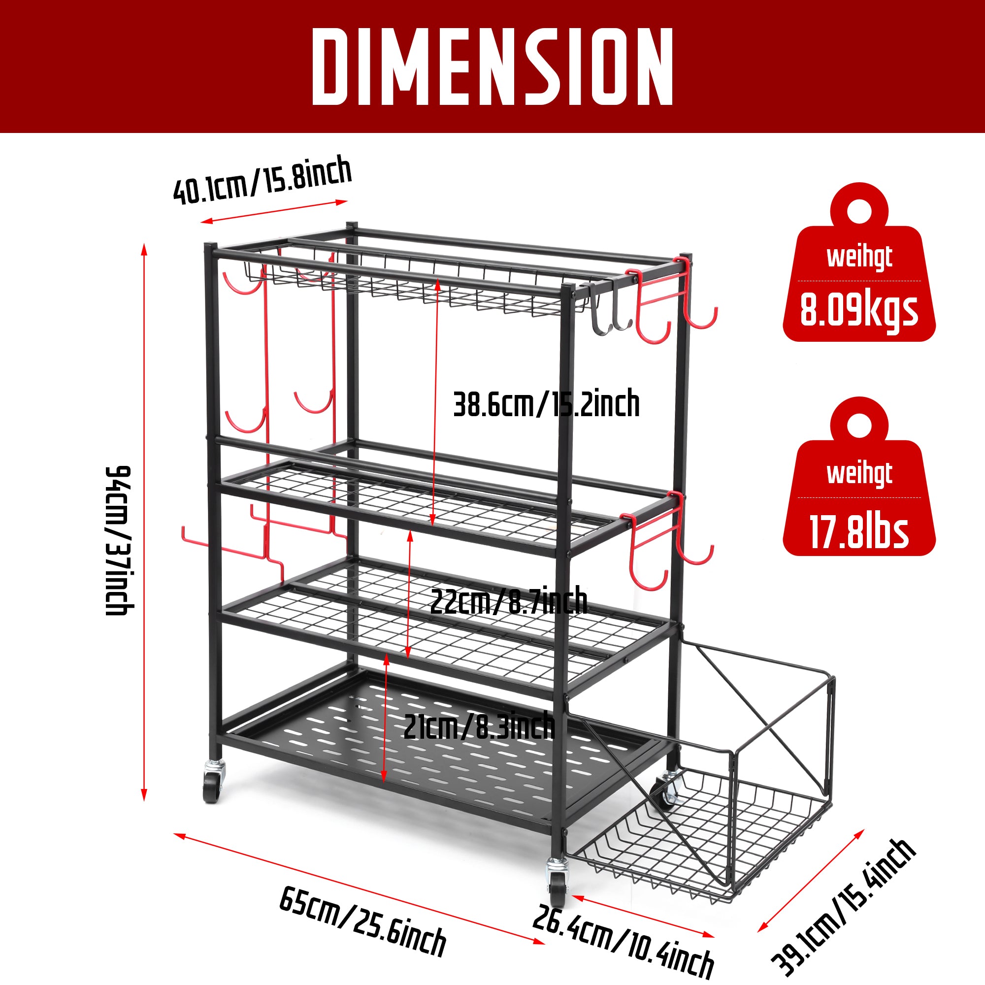 Nice C Outdoor Toy Storage, Garage Organization, Sports Equipment Organizer, Rolling Garage Storage System, Ball Storage Rack, Yoga Mat Storage with Hooks and Basket (4-Layer-Edged)