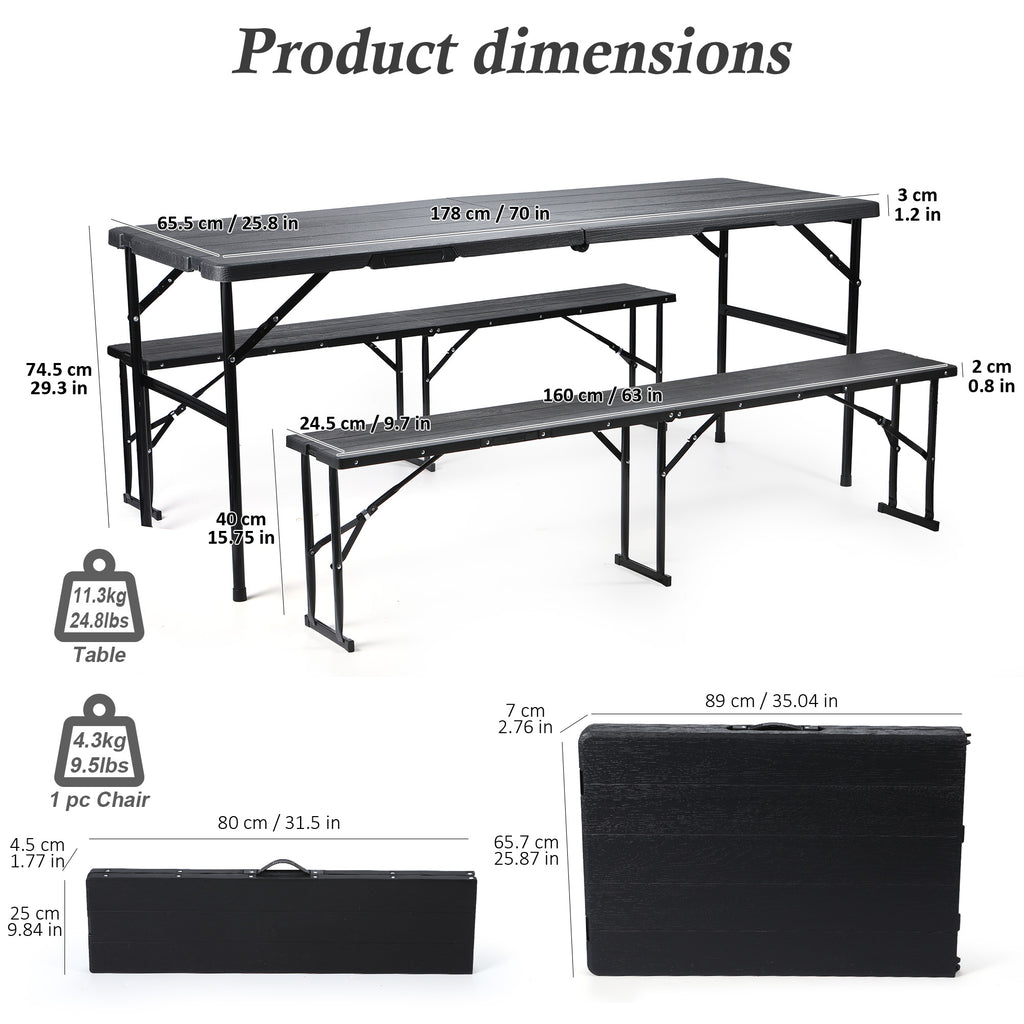 Nice C 6FT Folding Portable Picnic Table Set with 2 Benches (3 PC Black/White) | Plastic Table & Bench Set, Table With Chairs, Wood Grain Surface, Foldable, Indoor, Outdoor, Camping, Patio, Backyard, Picnic