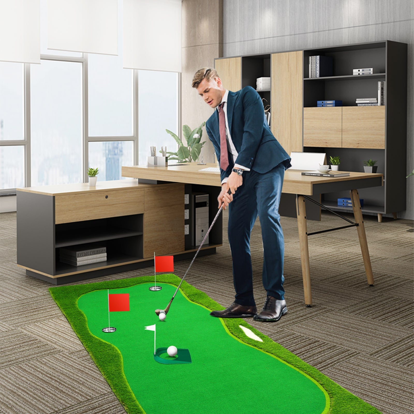 Nice C 5x12 FT Indoor &amp; Outdoor Putting Green with 3 Holes, Flags &amp; Slope – Golf Mat for Home Practice &amp; Simulators 