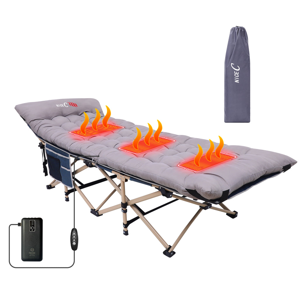 Nice C Heated Camping Cot with Battery, Cot with Mattress (1 Pack/2 Pack Blue/Grey) | Folding Cot for Adults, Cushion, Pillow, Extra Wide, 500 lb Capacity, Carry Bag, Storage Pocket