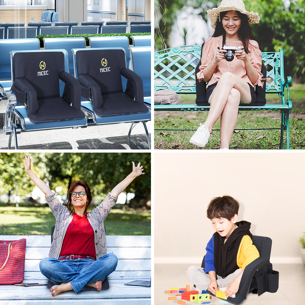 Nice C Reclining Bleacher Seat, Stadium Seat with Back Support (1 Pack/2 Pack) | Reclining Stadium Cushion, Foldable Floor Chair, Shoulder Straps, Side Pockets, Thick Padding, Heat