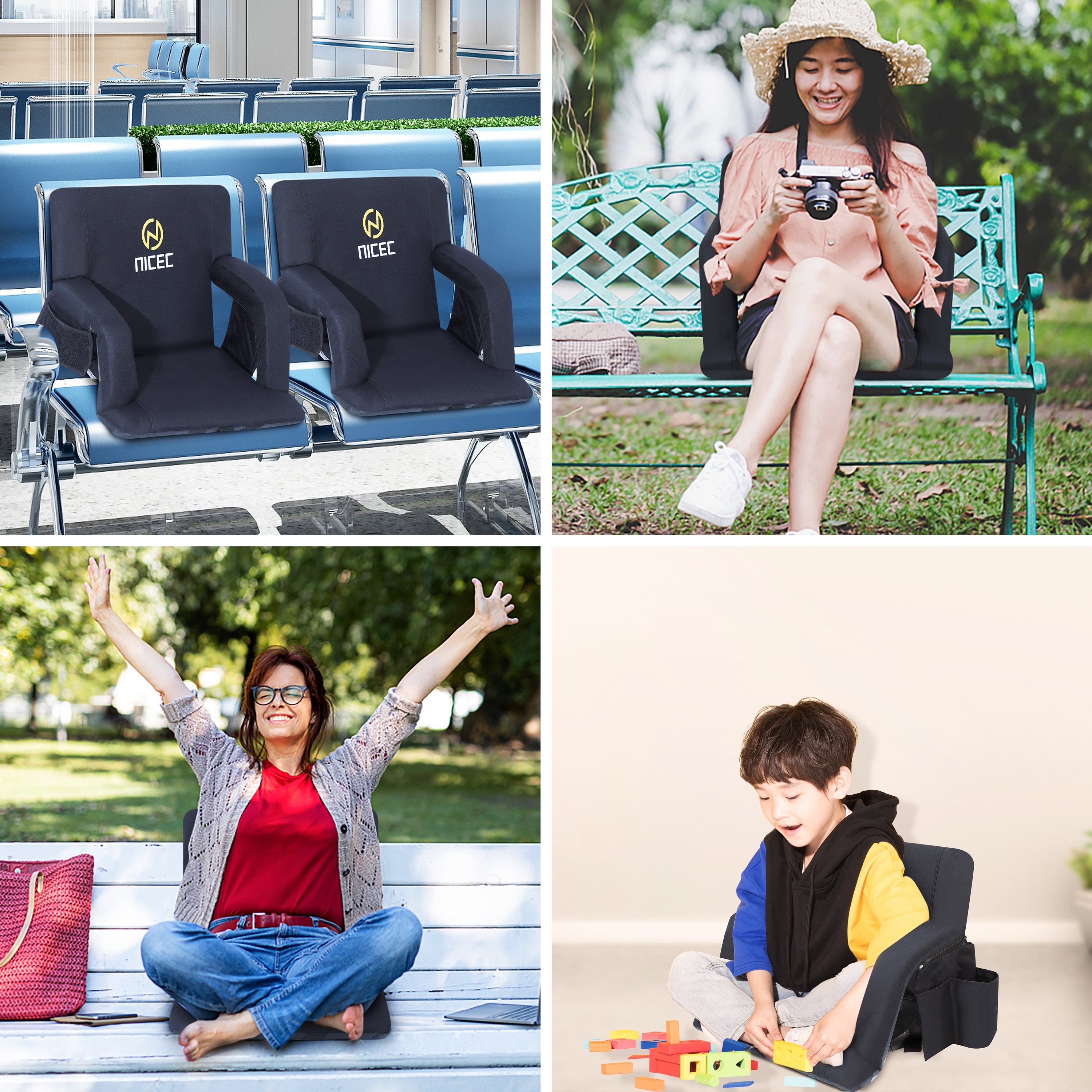 Nice C Reclining Bleacher Seat, Stadium Seat with Back Support (1 Pack/2 Pack) | Reclining Stadium Cushion, Foldable Floor Chair, Shoulder Straps, Side Pockets, Thick Padding, Heat