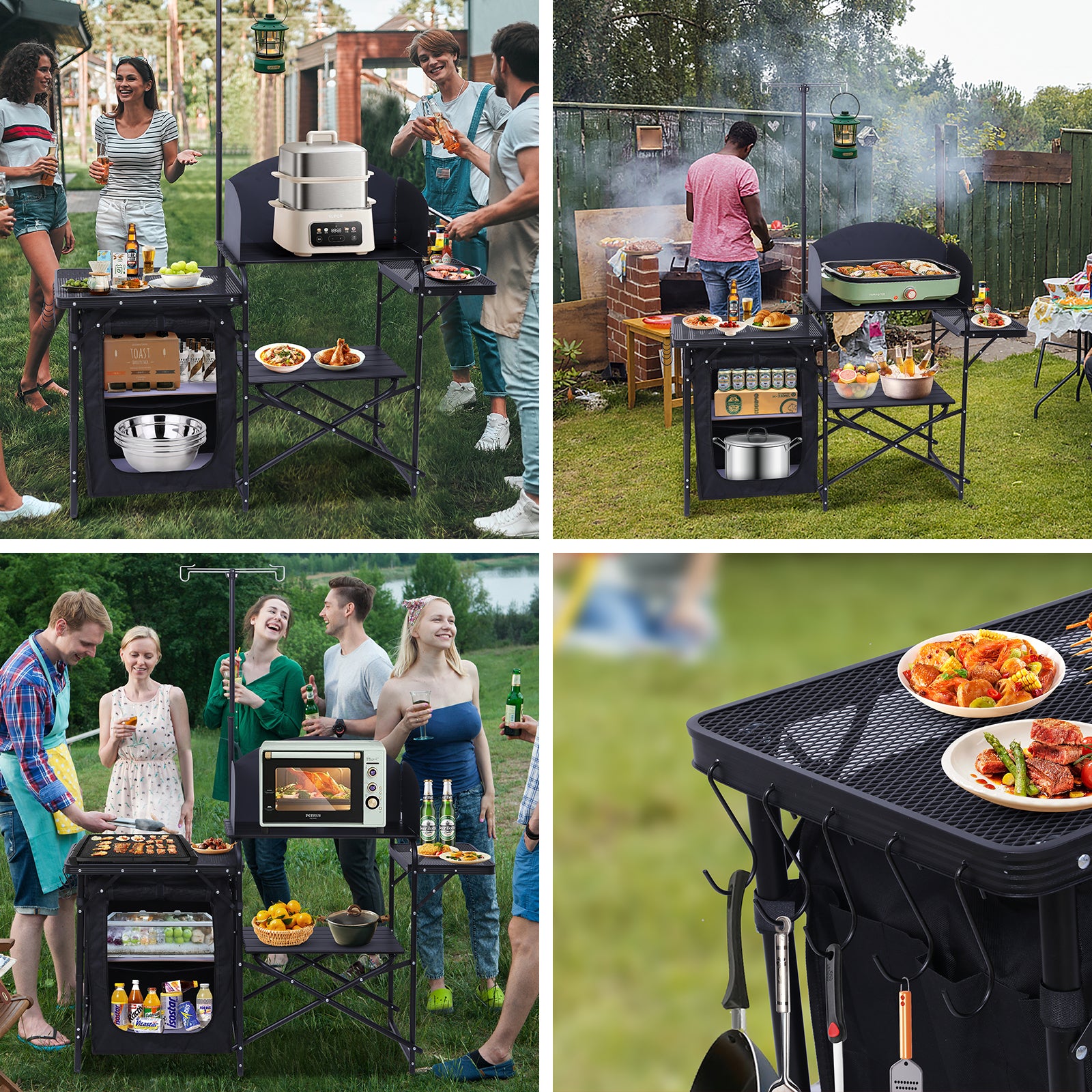 Nice C Camping Kitchen Table Station, Portable Folding Grill Table (Black) | Picnic Cook Table, Camping Organizer, Upgraded Light Stand, Windshield, Carry Bag, Outdoor, Beach, Picnic