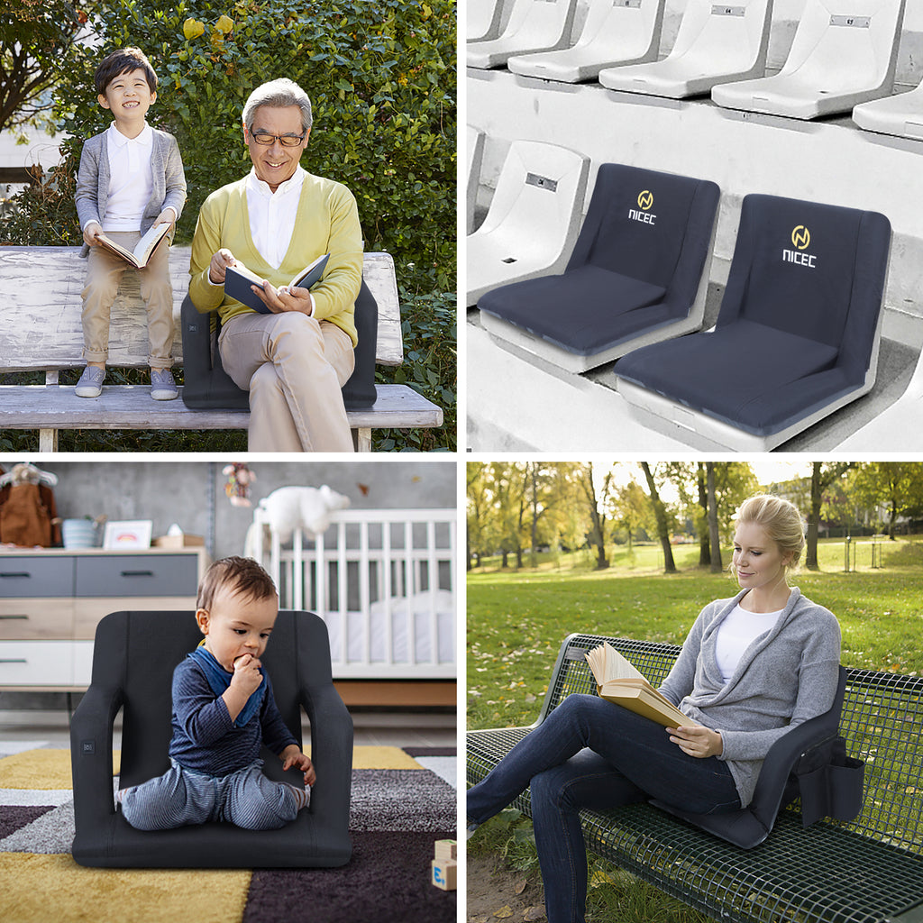 Nice C Heated Stadium Seat, Bleacher Chair with Back Support  Reclining Stadium Cushion, Foldable Floor Chair, Shoulder Straps, Side Pockets, Thick Padding, Heat