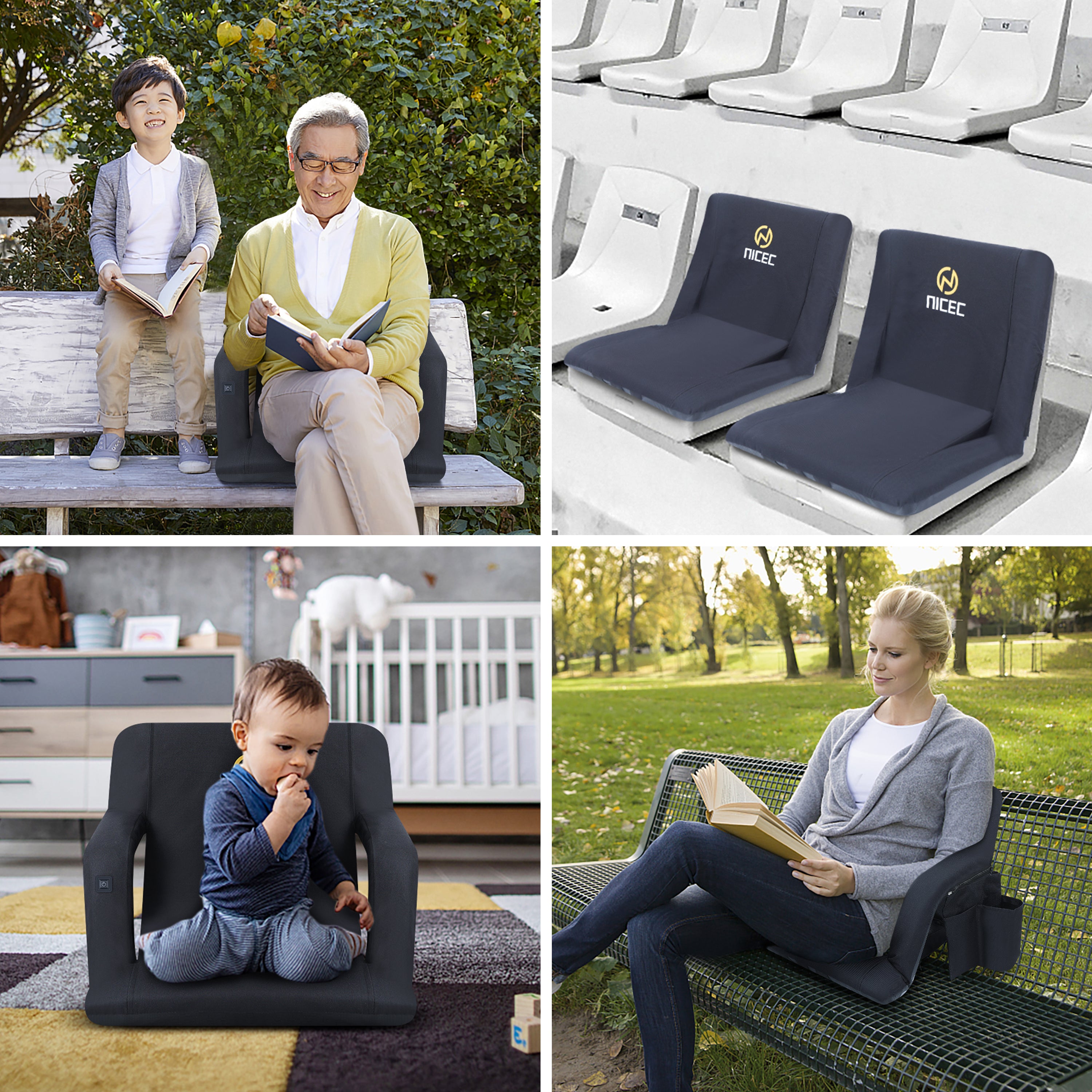 Nice C Heated Stadium Seat, Bleacher Chair with Back Support  Reclining Stadium Cushion, Foldable Floor Chair, Shoulder Straps, Side Pockets, Thick Padding, Heat