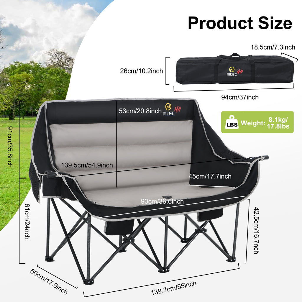 Nice C Heated Double Camping Couch, Padded Loveseat with 2 Rechargeable Power Banks 