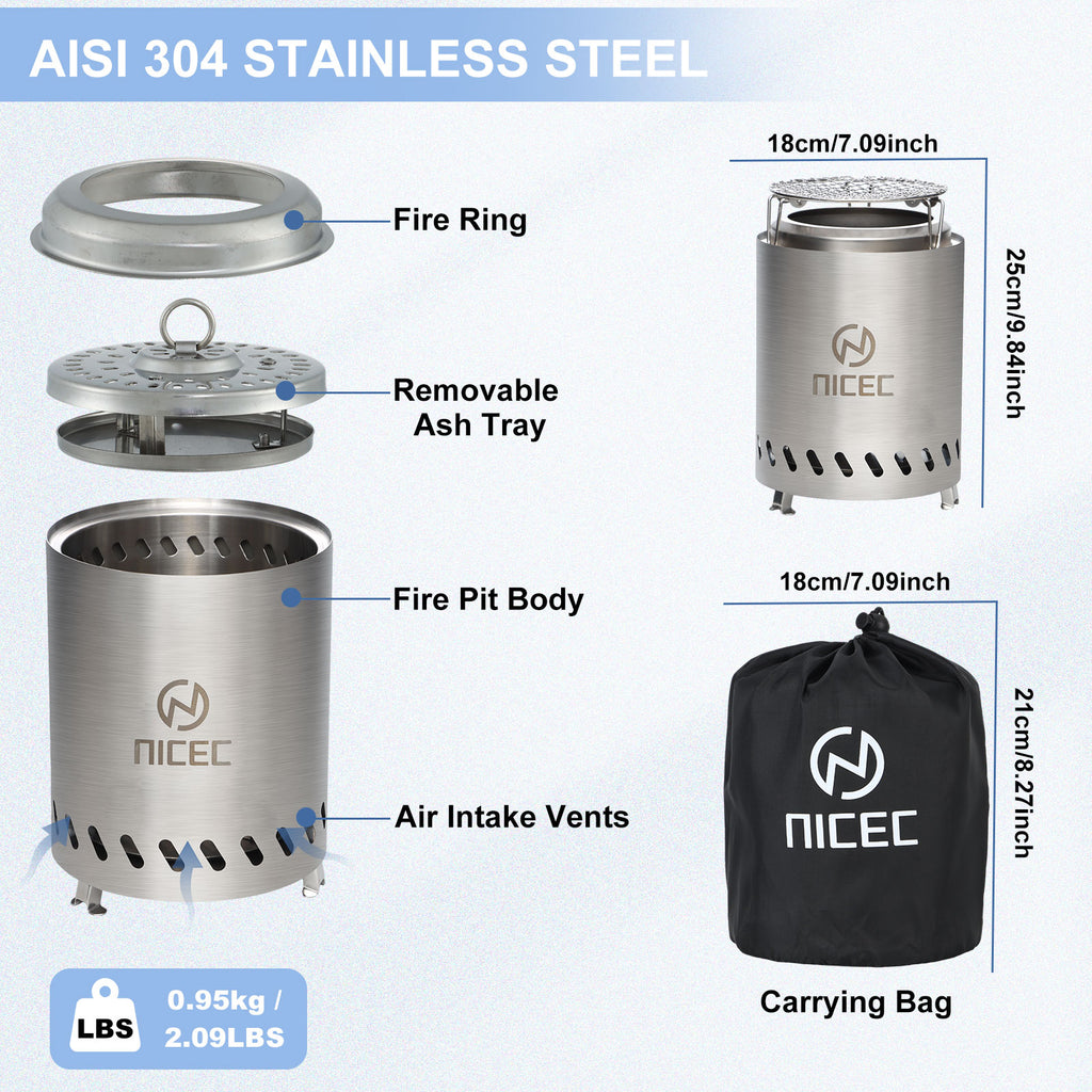 Nice C Smokeless Fire Pit, Portable Tabletop Fire Pit (5.5 inch,7.1 inch,19.1 inch) | Stainless Steel Construction, Grill Grate, Removable Ash Tray, Carry Bag, Patio, Camping, Outdoor