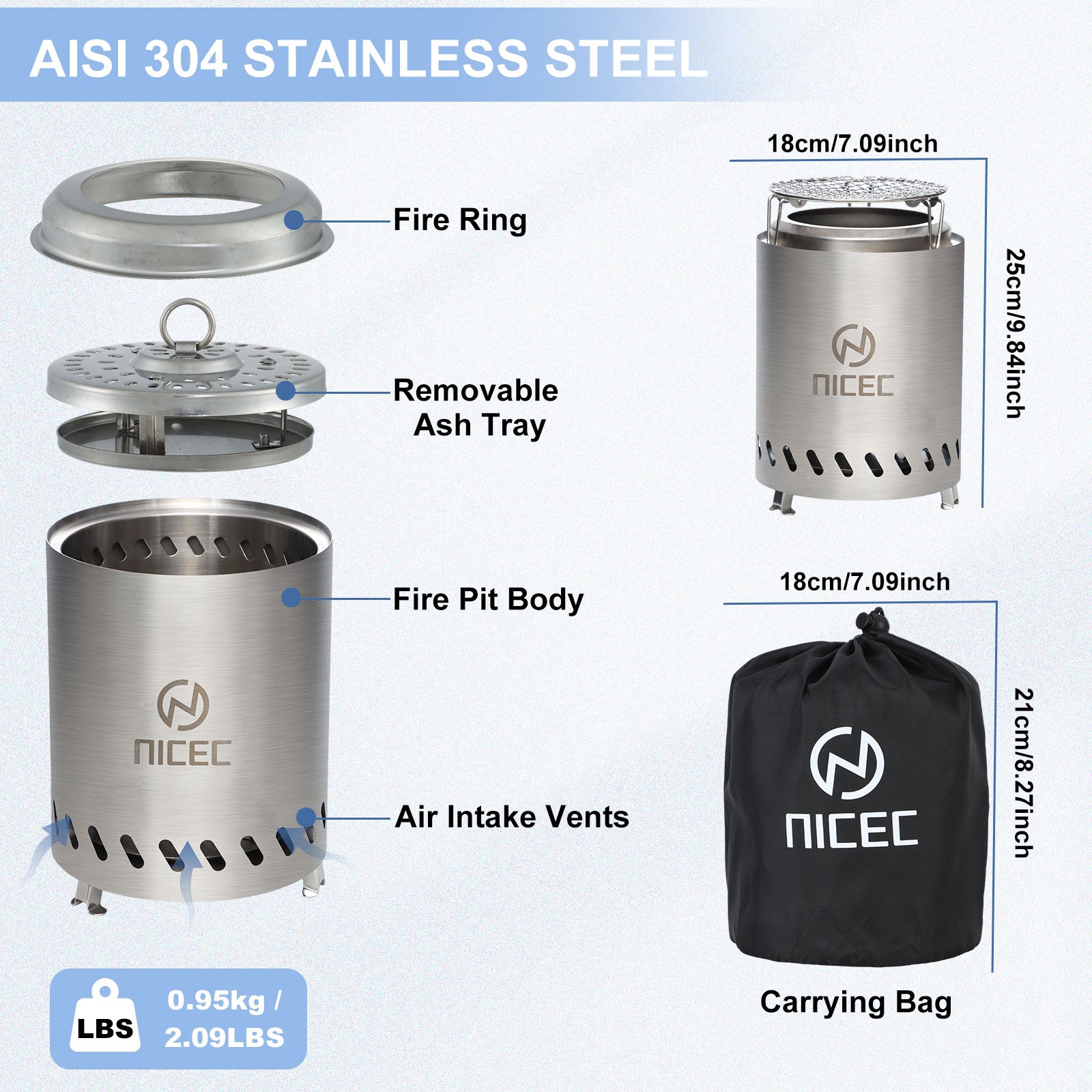 Nice C Smokeless Fire Pit, Portable Tabletop Fire Pit (5.5 inch,7.1 inch,19.1 inch) | Stainless Steel Construction, Grill Grate, Removable Ash Tray, Carry Bag, Patio, Camping, Outdoor