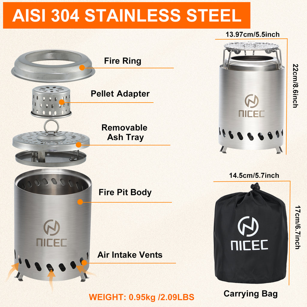 Nice C Smokeless Fire Pit, Portable Tabletop Fire Pit (5.5 inch,7.1 inch,19.1 inch) | Stainless Steel Construction, Grill Grate, Removable Ash Tray, Carry Bag, Patio, Camping, Outdoor