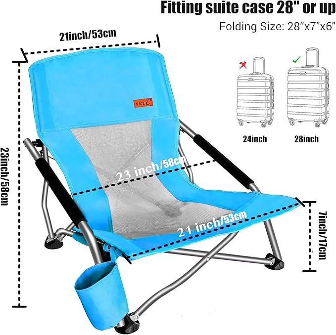 Nice C Folding Low Beach Chair for Adults – Sling Seat with Cup Holder