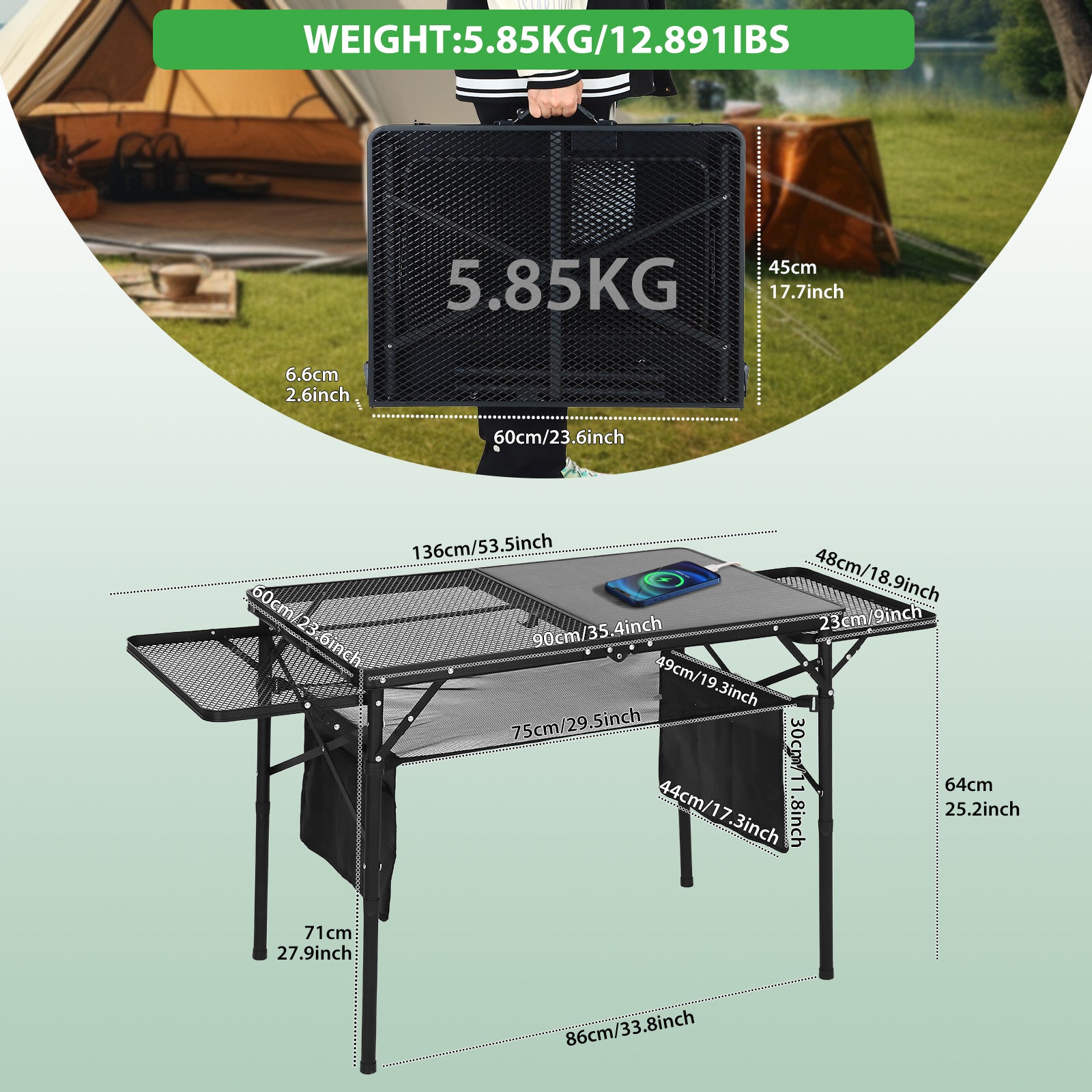 Nice C Solar-Powered Camping Table, USB/Type-C/DC Charging, Mesh Storage, Cup Holders