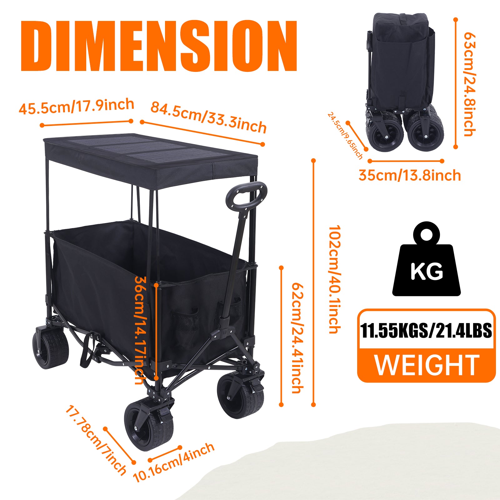 Nice C Foldable Wagon with Canopy &amp; 30W Solar Panel – All-Terrain Collapsible Wagon with USB, Type-C &amp; DC Charging