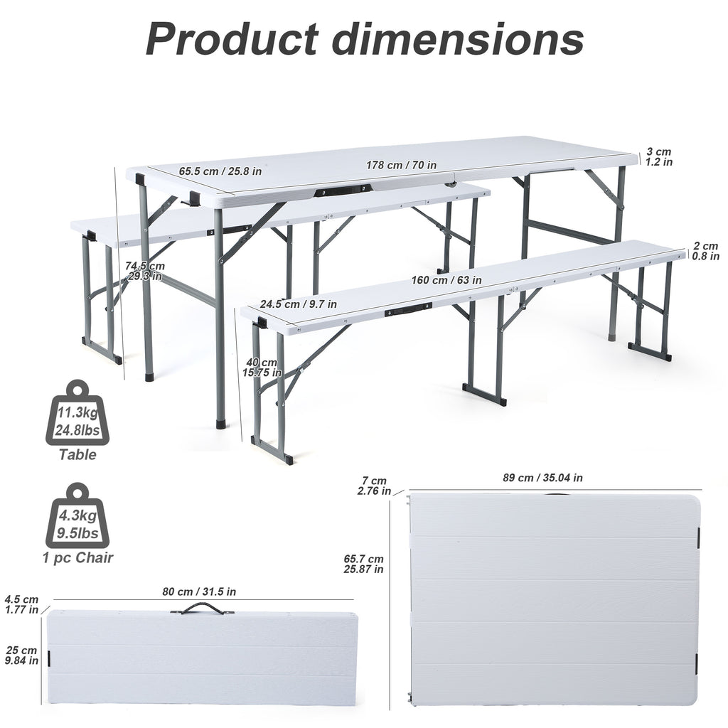 Nice C 6FT Folding Portable Picnic Table Set with 2 Benches (3 PC Black/White) | Plastic Table & Bench Set, Table With Chairs, Wood Grain Surface, Foldable, Indoor, Outdoor, Camping, Patio, Backyard, Picnic