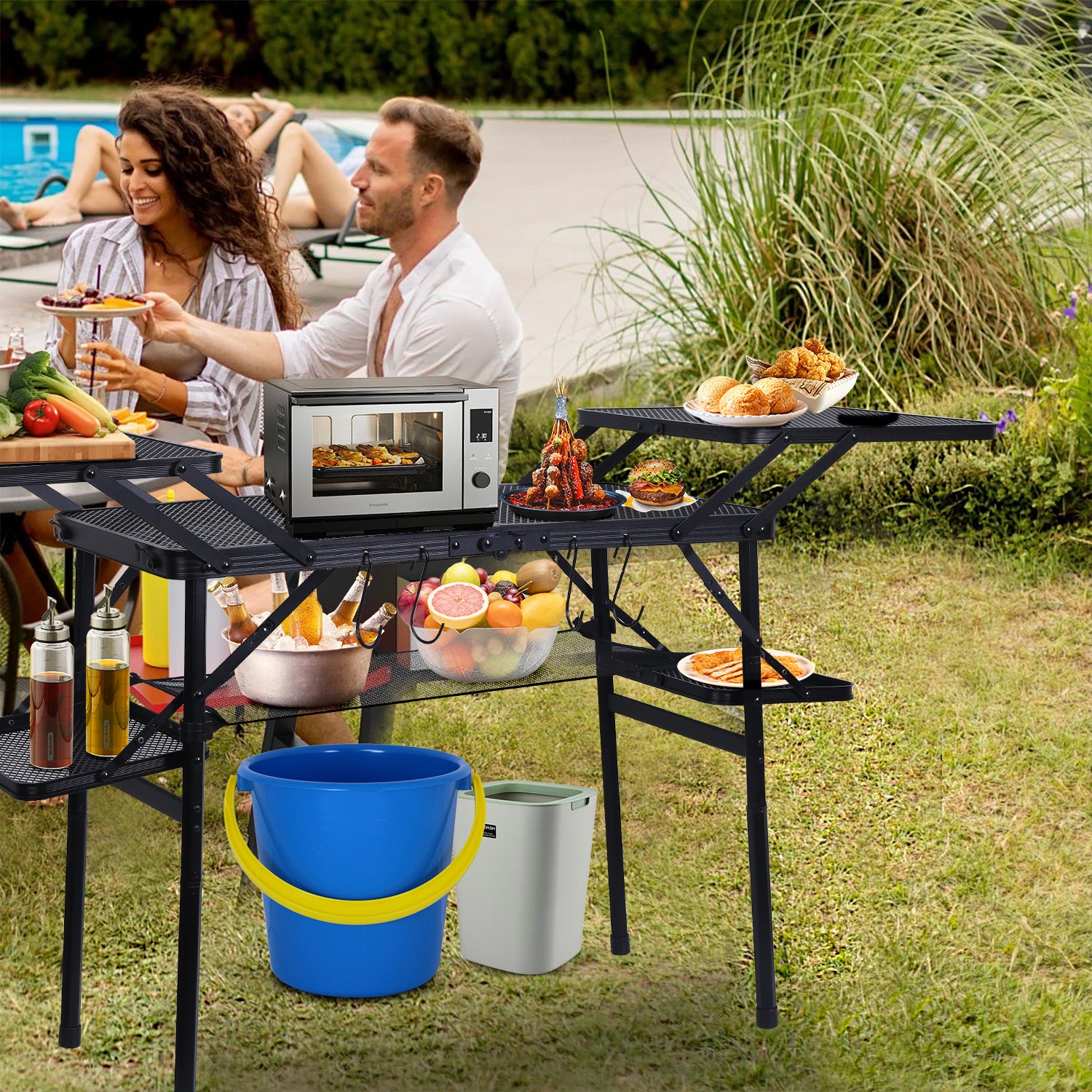 Nice C Camping Metal Table, Compact Outdoor Folding Tailgate Grill Table | Lightweight Fold-Up, 4 Side Tables, Mesh Net, BBQ, Camping, Picnic