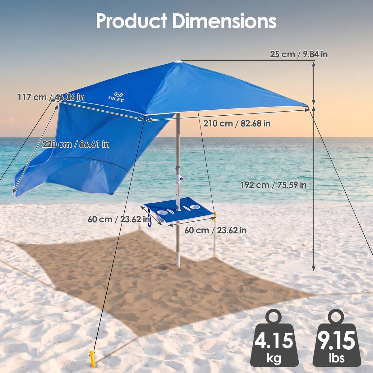 Nice C 120SF Wind Driven Umbrella, Wind Powered Beach Sun Shade Canopy Light Weight, Shade Sail, Easy Setup, Blue
