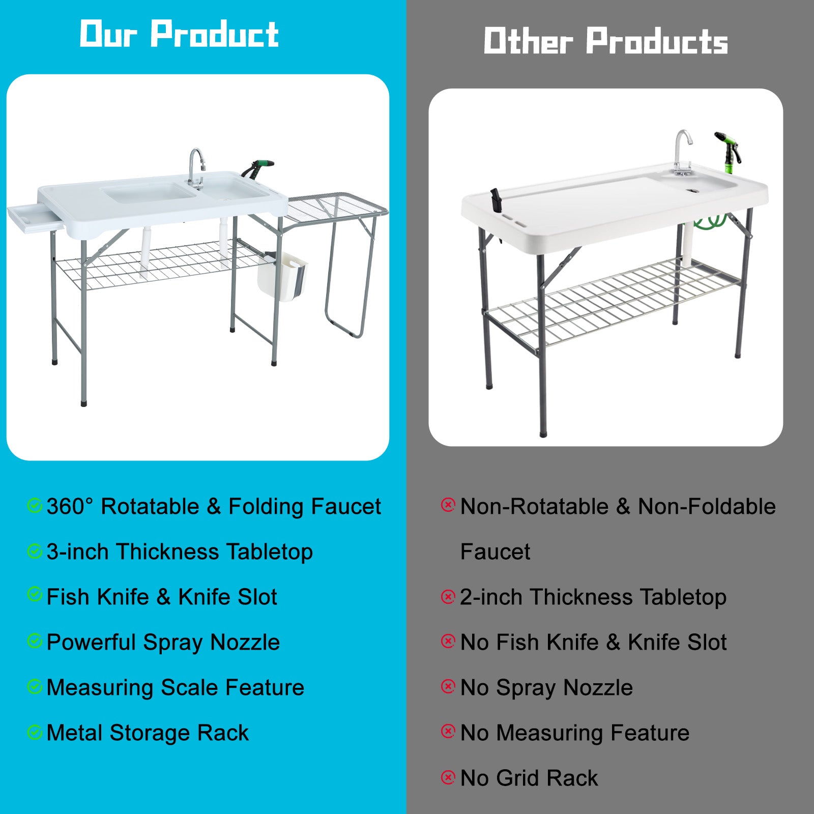 Nice C Outdoor Fish Cleaning Table with Sink, Spray, and Storage Rack 