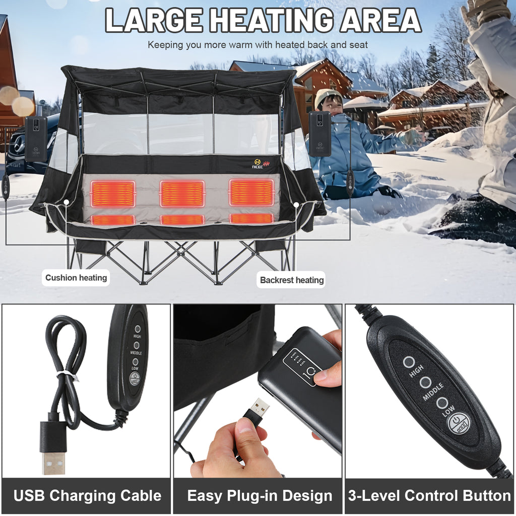 Nice C Heated 3 Person Camping Chair with Canopy, Oversized Padded Loveseat with Cooler &amp; Cup Holder