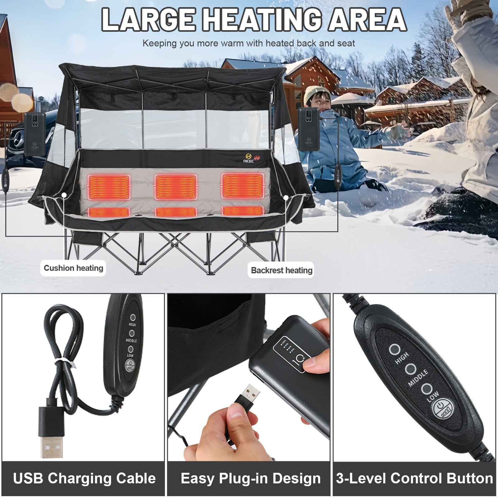 Nice C Heated 3 Person Camping Chair with Canopy, Oversized Padded Loveseat with Cooler &amp; Cup Holder