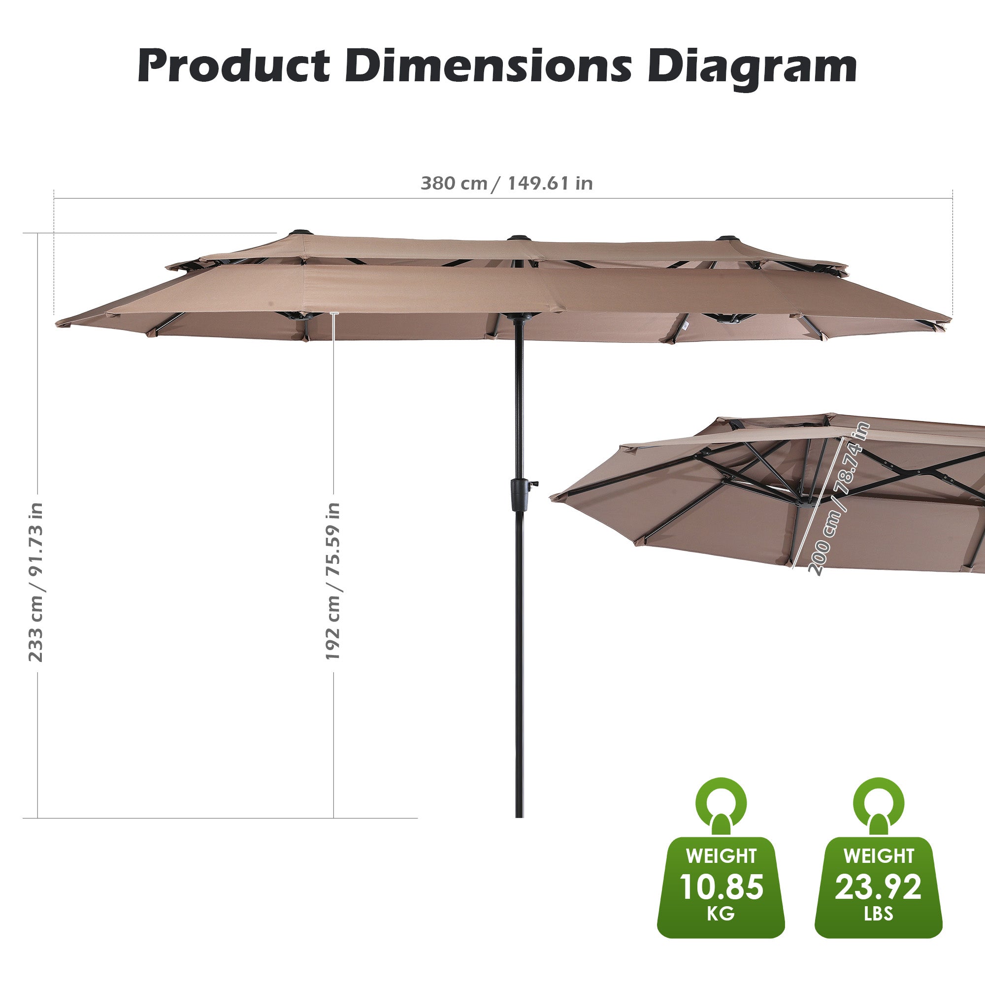 Nice C 13/15FT Large Double Sided Patio Umbrella with Crank (Khaki) | Large Market Umbrella, Wide Outdoor Shade, w/wo Base, Crank Lift, Poolside, Deck, Backyard, Patio, Garden, 13FT, 15FT
