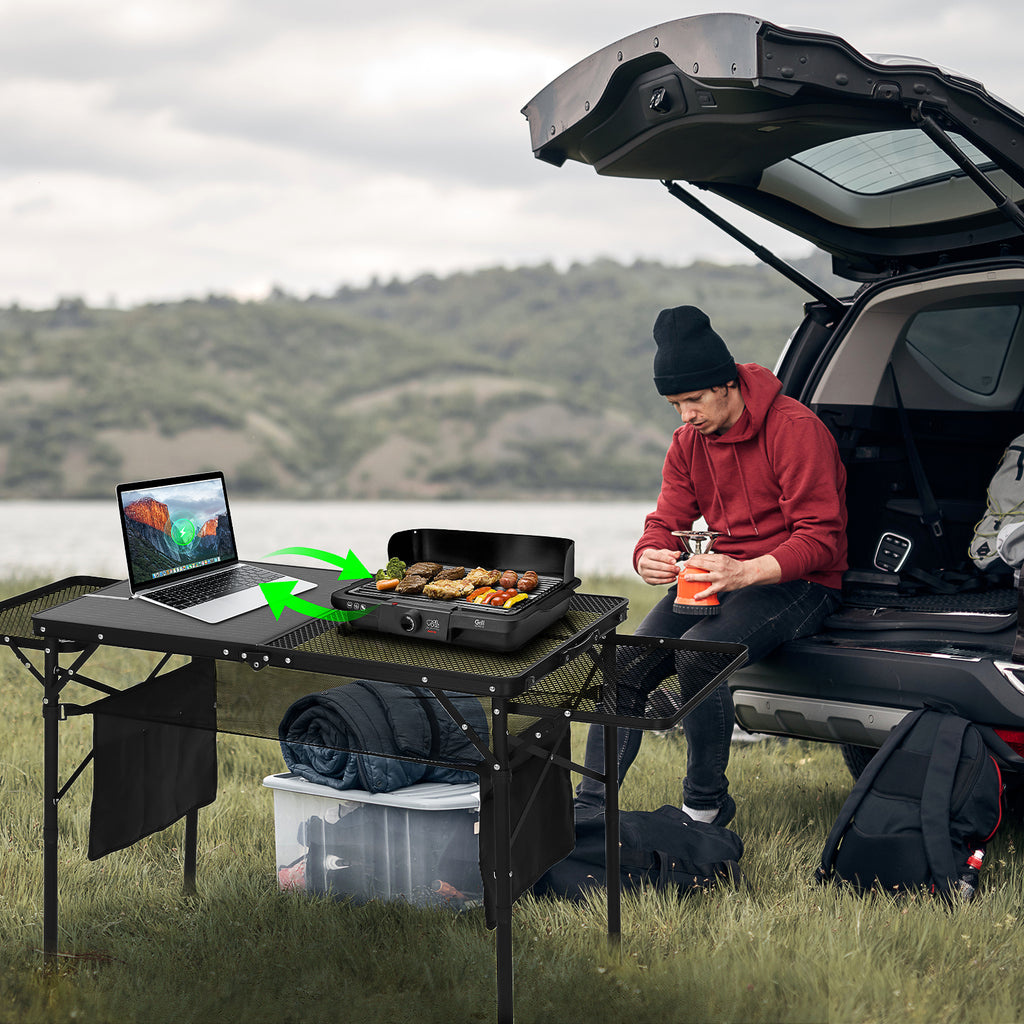 Nice C Solar-Powered Camping Table, USB/Type-C/DC Charging, Mesh Storage, Cup Holders