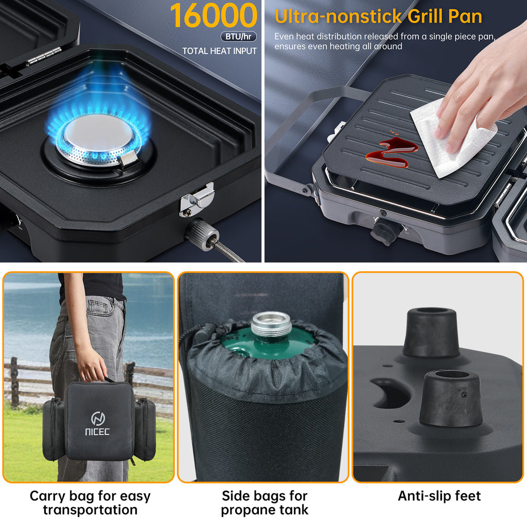 Nice C Camping Stove, Portable 2 Burner Propane Gas Stove | Mini Propane Grill, 16000 BTU Camp Stove, Dual Burner Grill, Carry Bag, Portable Outdoor Cooking, Camping
